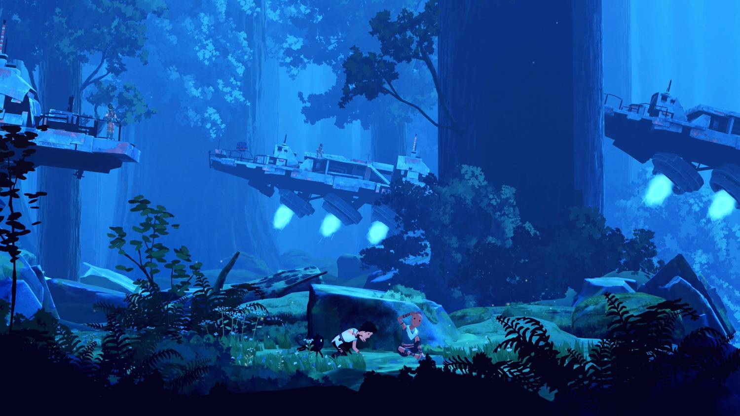 Dos personas en un bosque azul mientras naves espaciales futuristas vuelan entre los árboles.