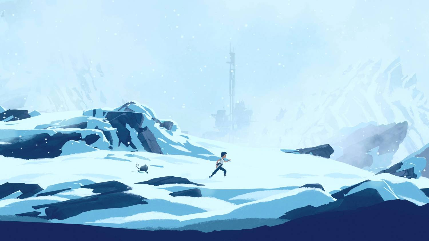 Una persona corre por un paisaje montañoso nevado con una torre en la distancia.
