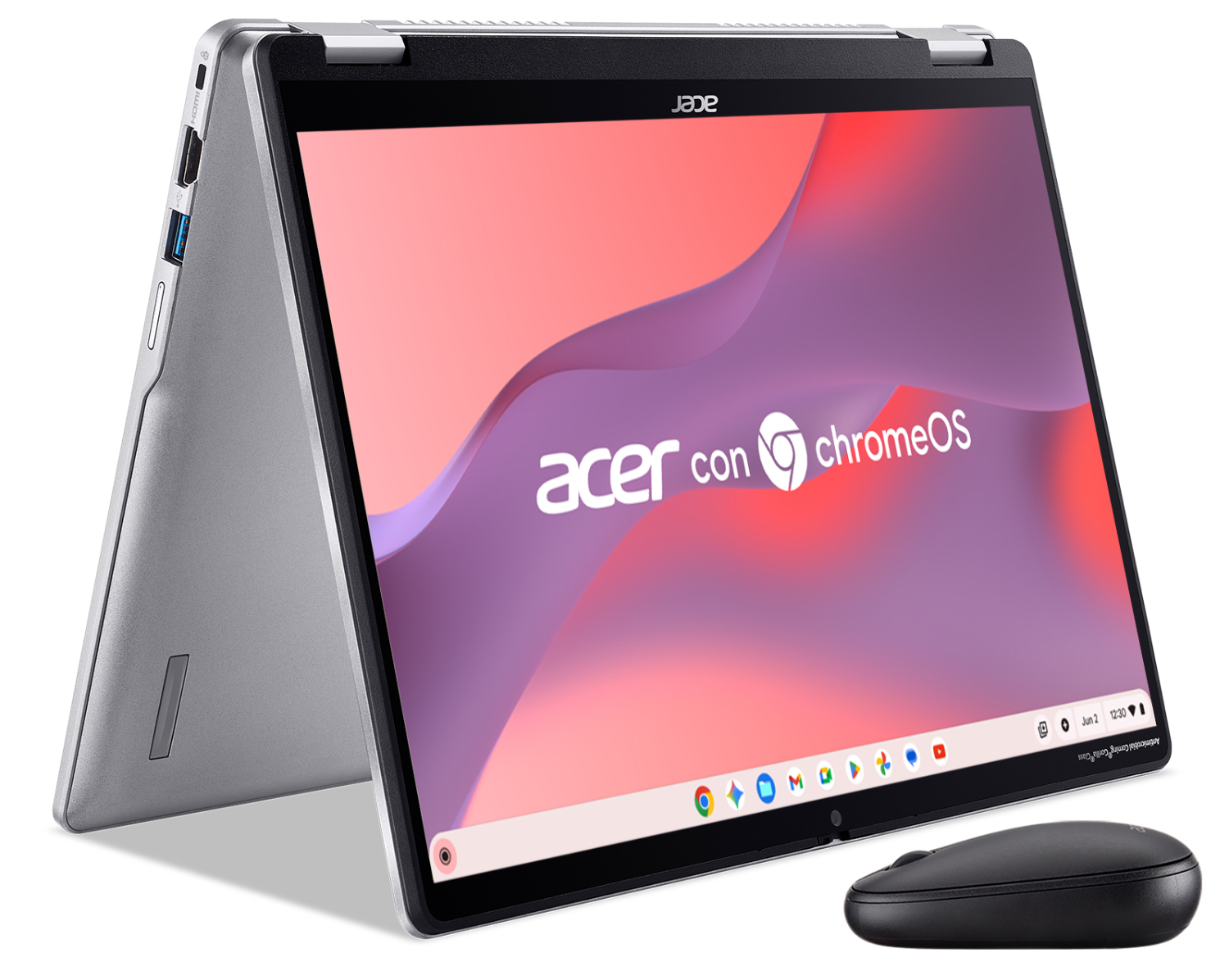 Un portátil Acer Chromebook plateado en modo tienda con un ratón negro al lado.