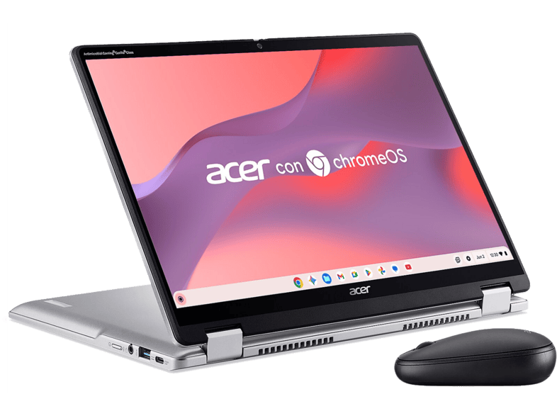 Portátil - Acer Chromebook Spin 314 CP314-2HN-C7T7, 14" WUXGA, Intel® N100, 8GB RAM, 128 GB eMMC, UHD Graphics, Google ChromeOS, Plata, Ratón incluido