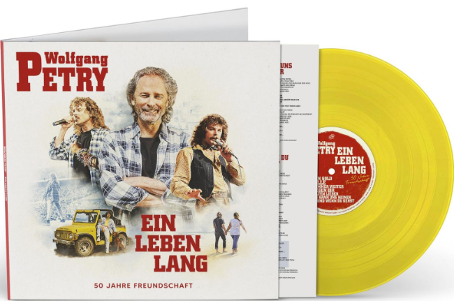 Wolfgang Petry Albumcover 'Ein Leben Lang' mit Bildern des Sängers und einer gelben Schallplatte.
