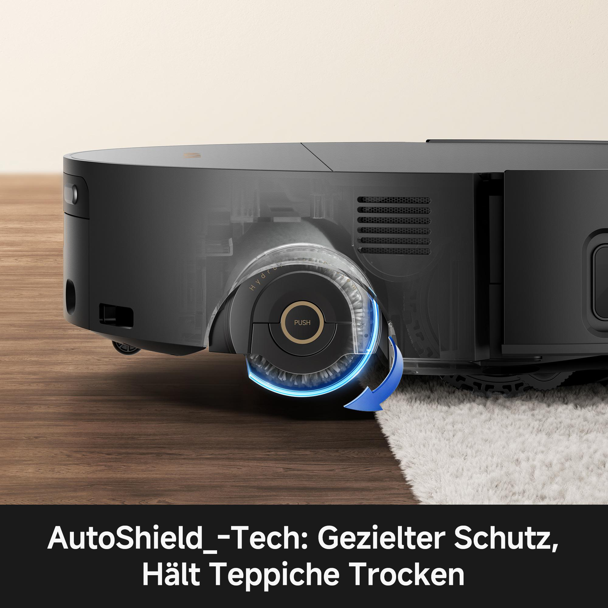 Roboterstaubsauger mit eingefahrenem Wischmopp, der Teppiche trocken hält.