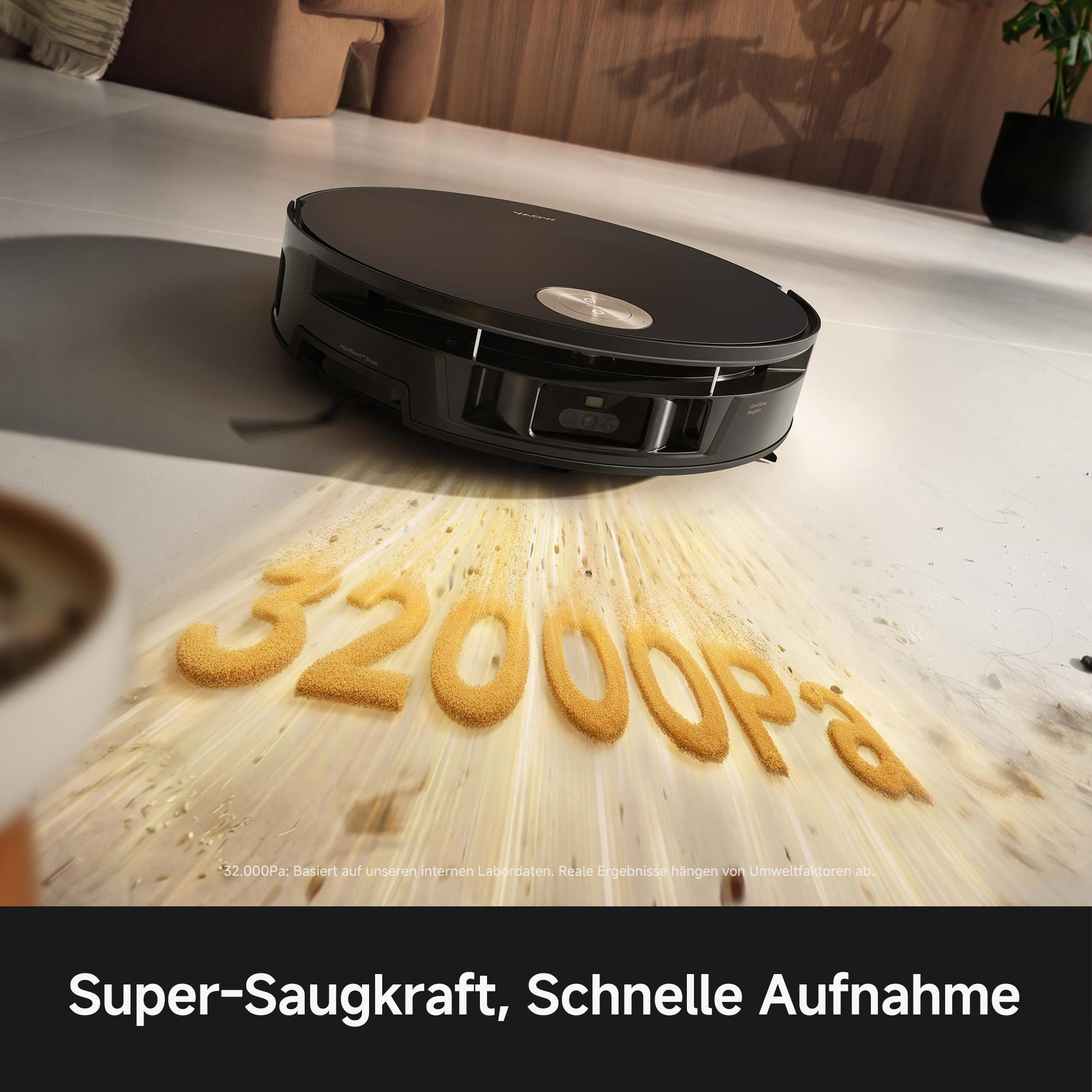 Ein schwarzer Saugroboter saugt gelbes Pulver auf, das das Wort 32000Pa bildet.