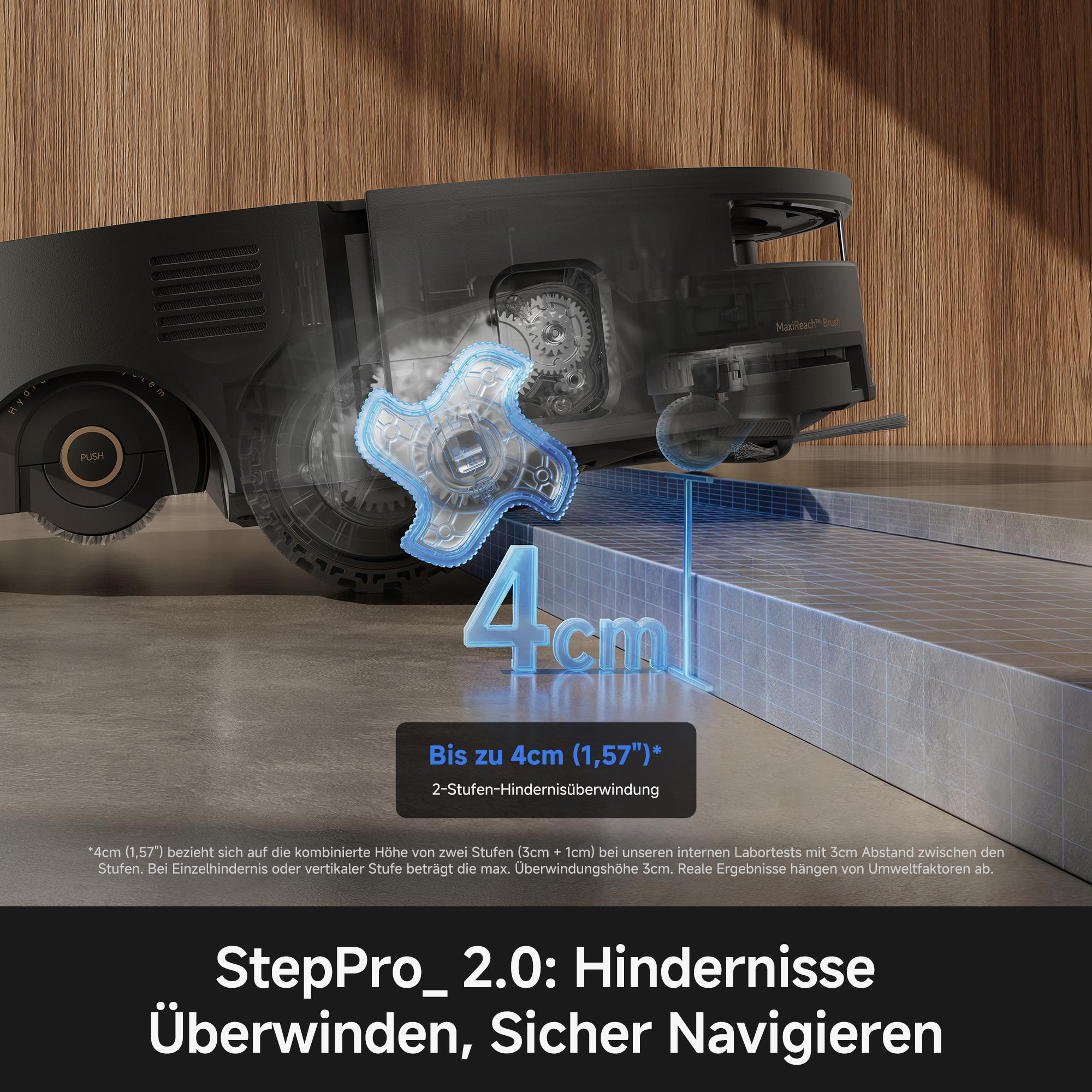 Technikdiagramm eines Saugroboters, der eine 4cm hohe Stufe überwindet, vor Holzwand und Betonboden.