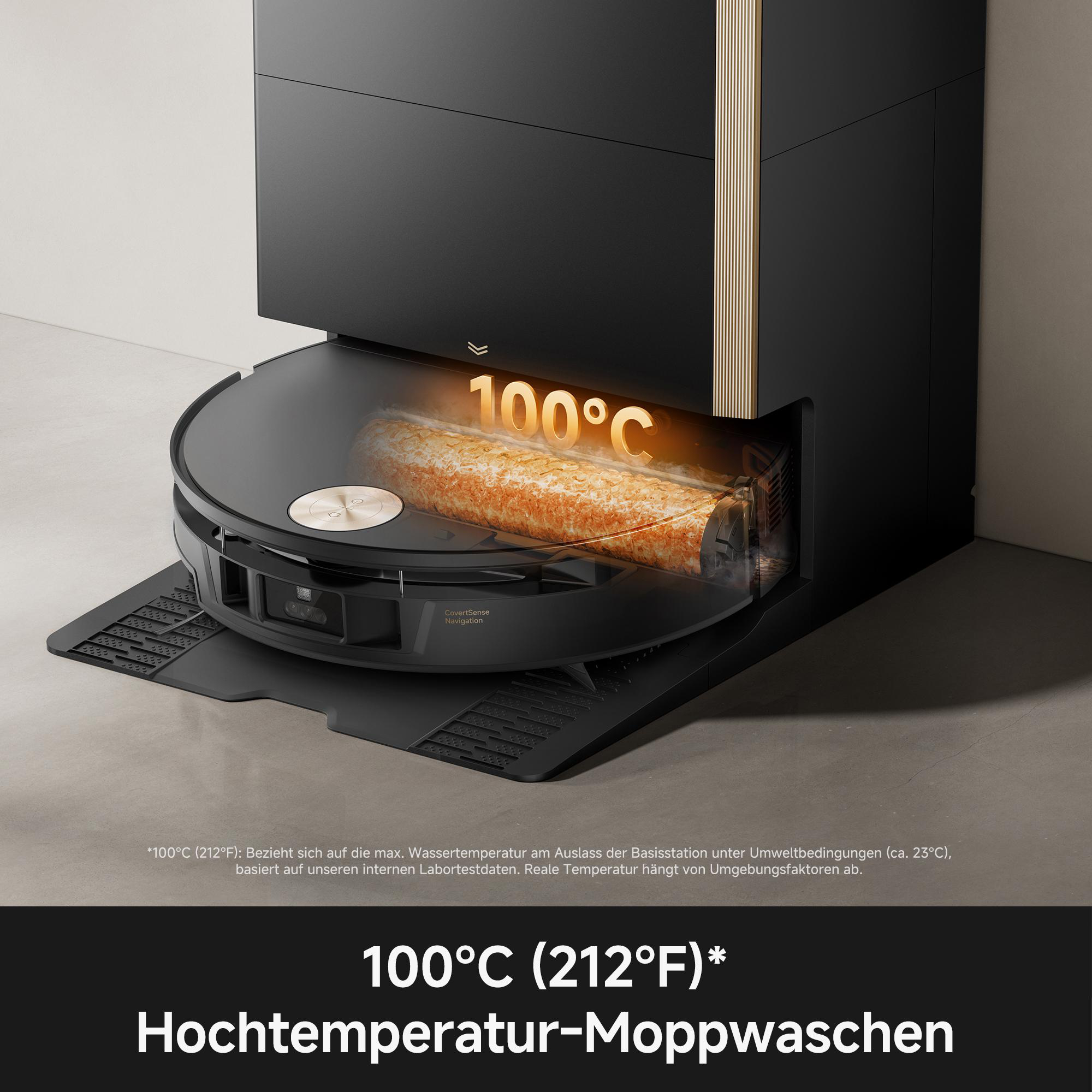 Ein schwarzer Saugroboter dockt an seiner Station an, während eine Walze bei 100°C gereinigt wird.