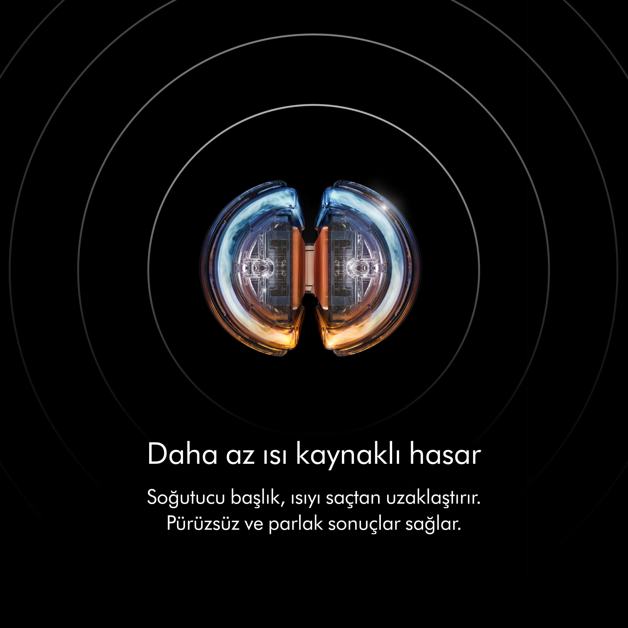 Siyah arka plan üzerinde mavi ve turuncu renklere sahip iki saç kurutma başlığı gösteren teknik grafik.