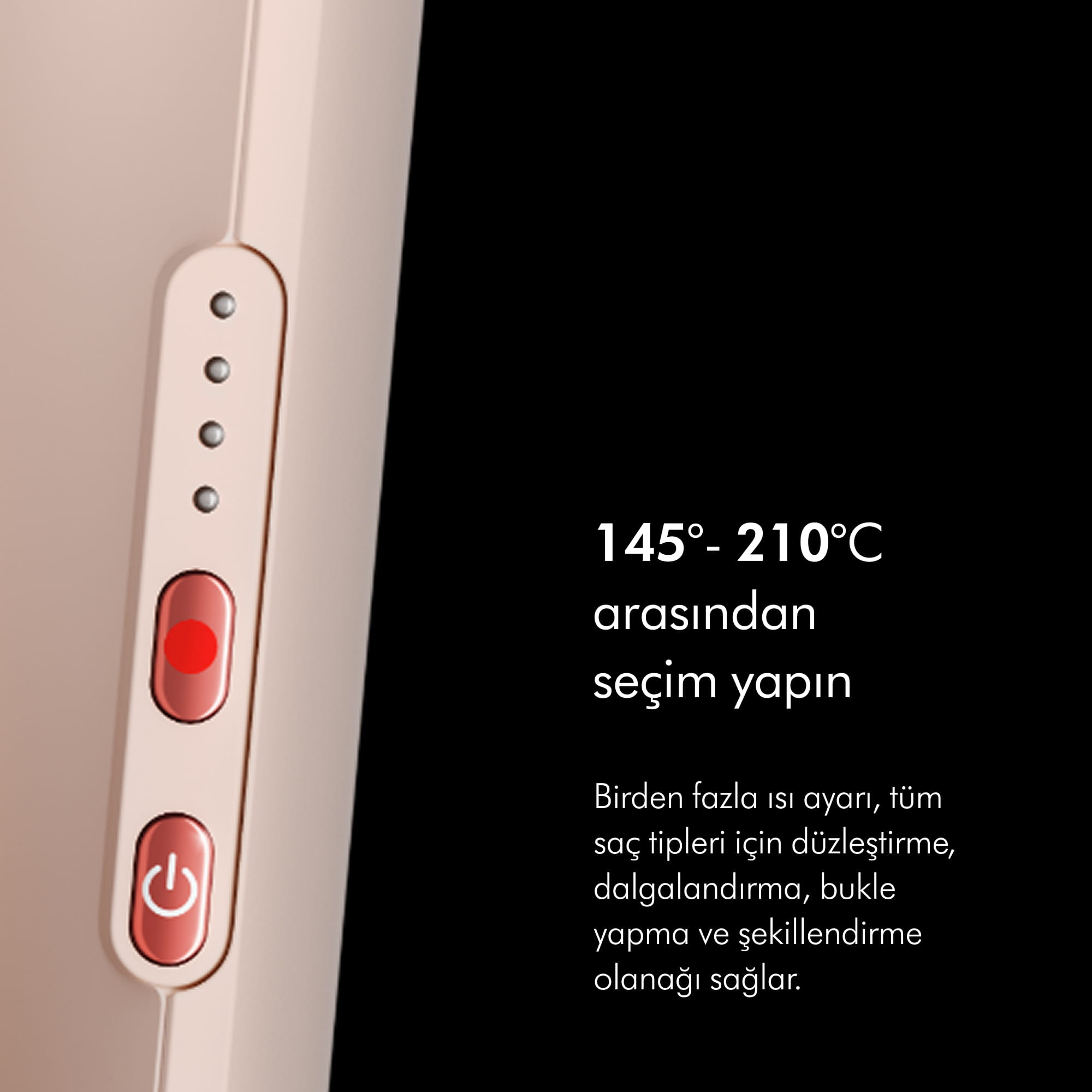 Siyah arka planda sıcaklık LED'leri ve güç düğmesine sahip saç şekillendirici.