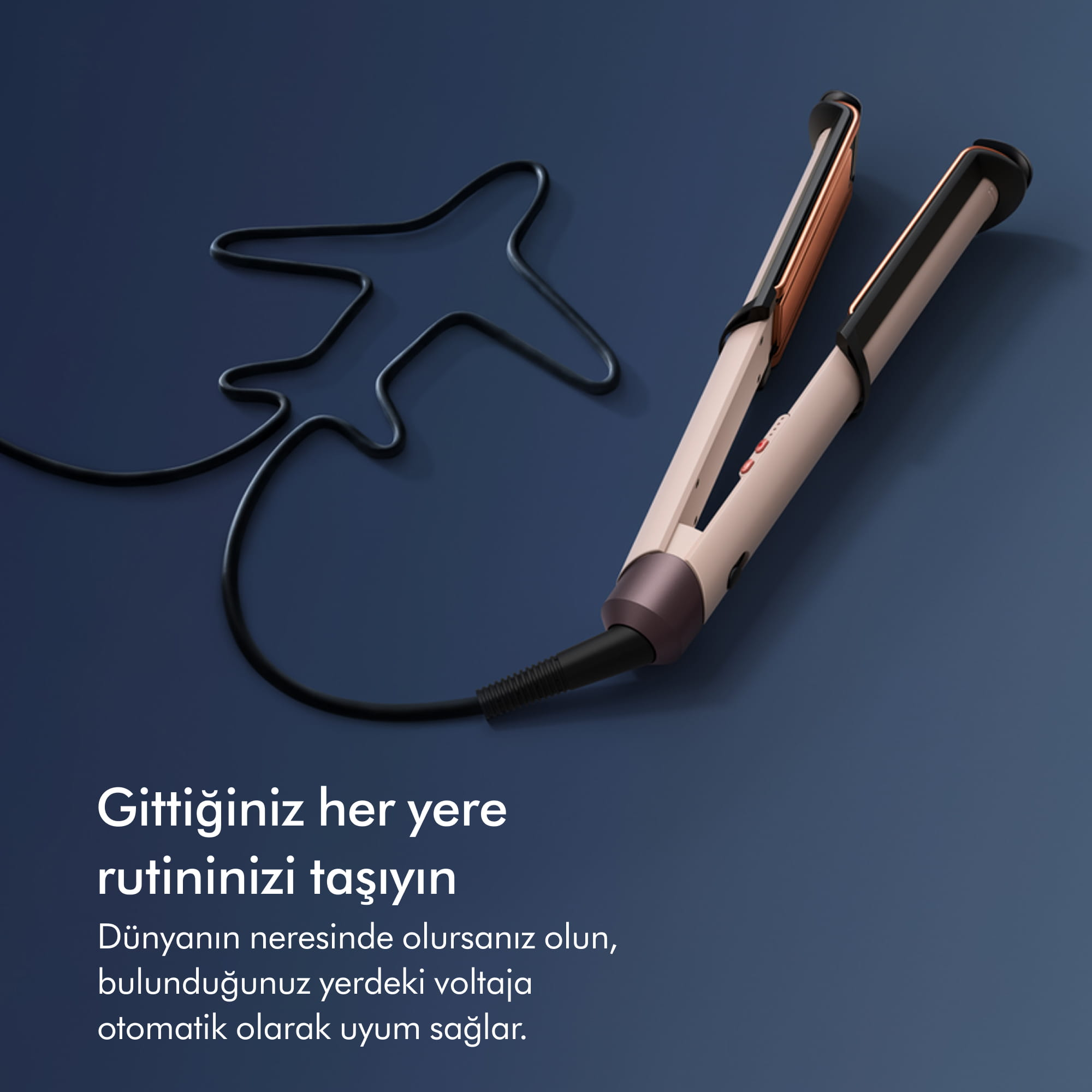 Koyu zemin üzerinde bej renkli saç düzleştirici; siyah kablosu uçak silüeti oluşturuyor.