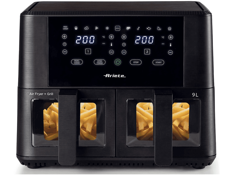 ARIETE AIR FRYER DOPPIA 4,5L+4,5 FRIGGITRICE AD ARIA, capacità 9 l, Max potenza 2400 W, Nero