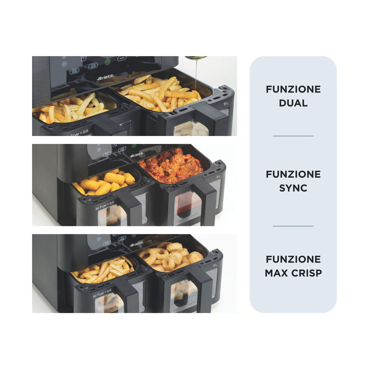 Una friggitrice ad aria doppia mostra le funzioni Dual, Sync e Max Crisp con vari cibi.