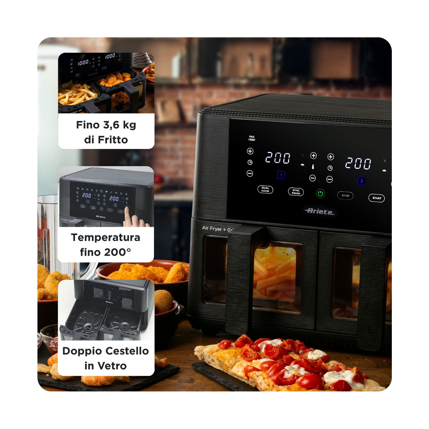 Friggitrice ad aria a doppio cestello nera con display digitale, inserti di cottura e etichette in italiano.