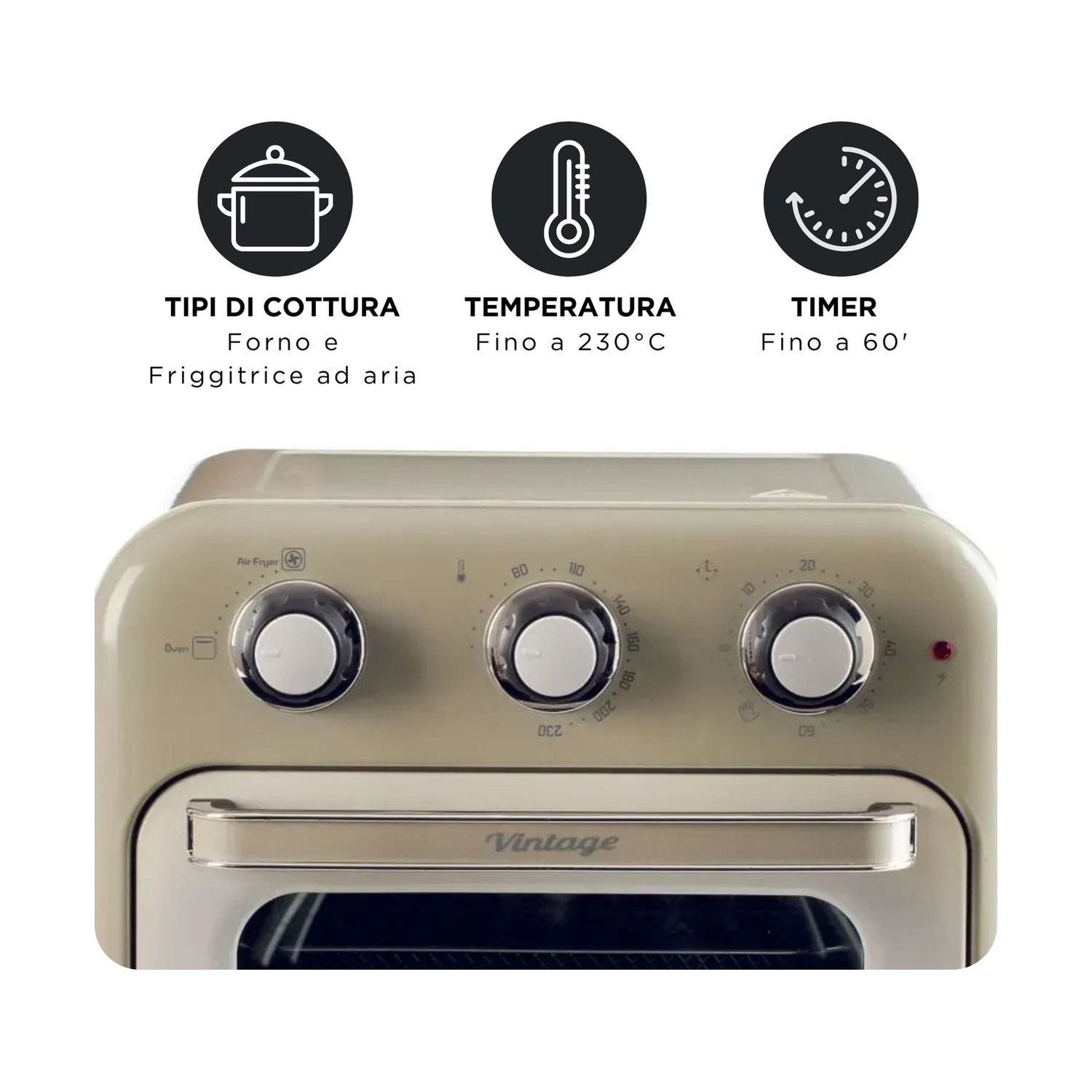 Friggitrice vintage beige con tre manopole e tre icone in alto.