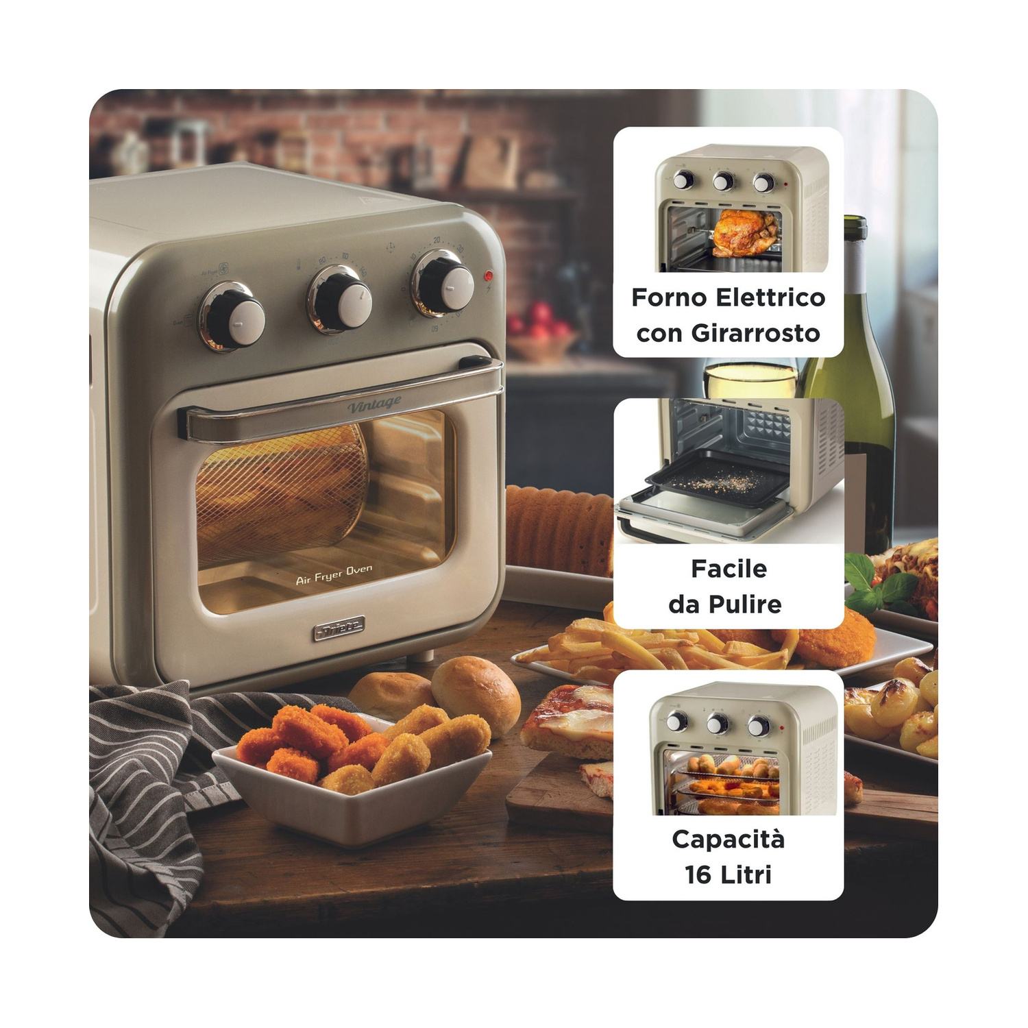 Friggitrice ad aria vintage Ariete beige su tavolo di legno con snack, con riquadri per girarrosto e pulizia.