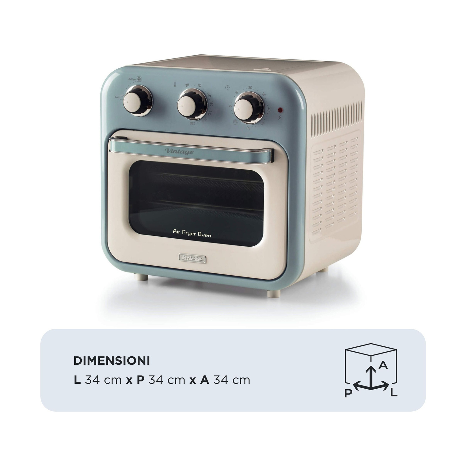 Mini forno ad aria color azzurro pastello e crema con tre manopole e porta in vetro.