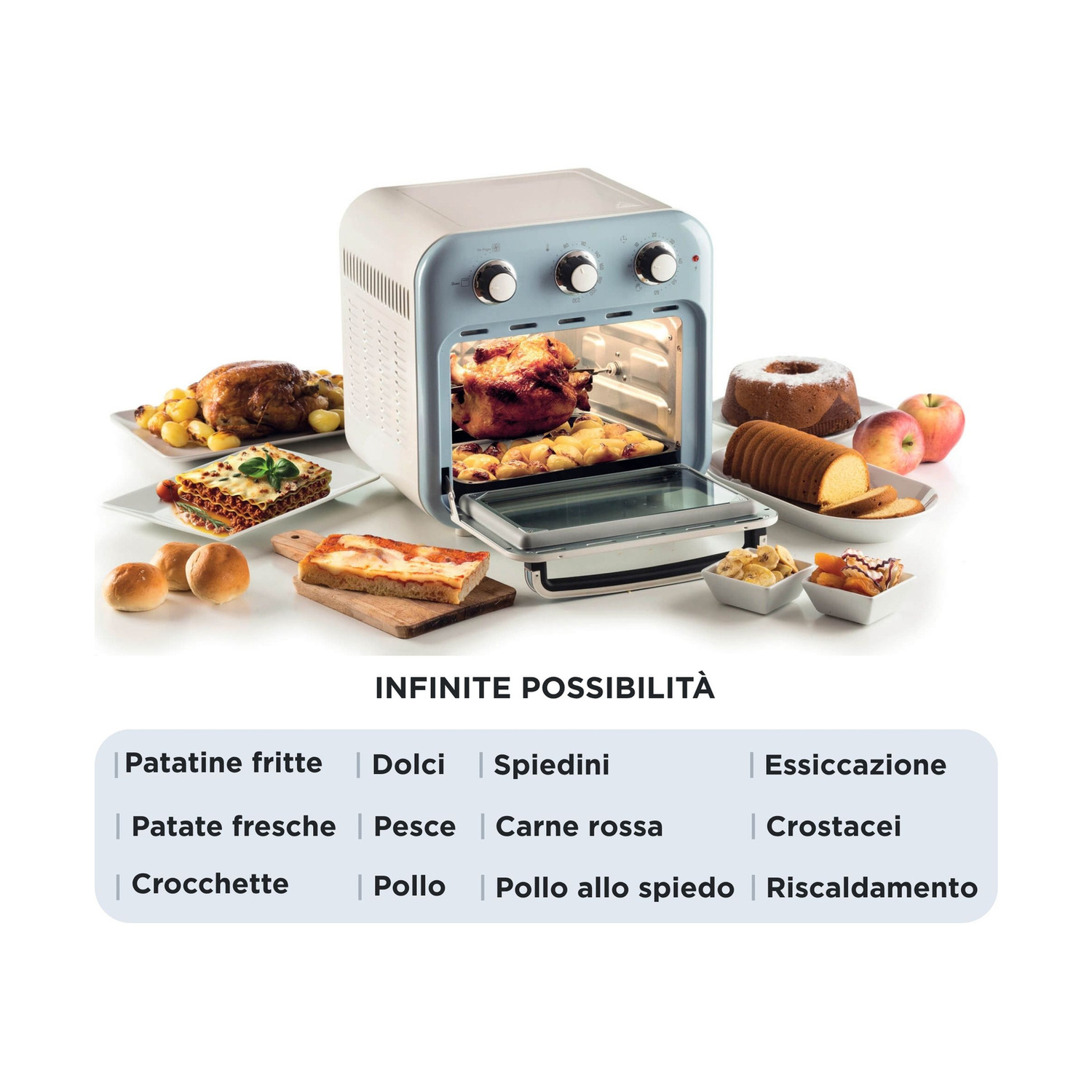Friggitrice ad aria blu con sportello aperto che cuoce un pollo, circondata da vari piatti e frutta.