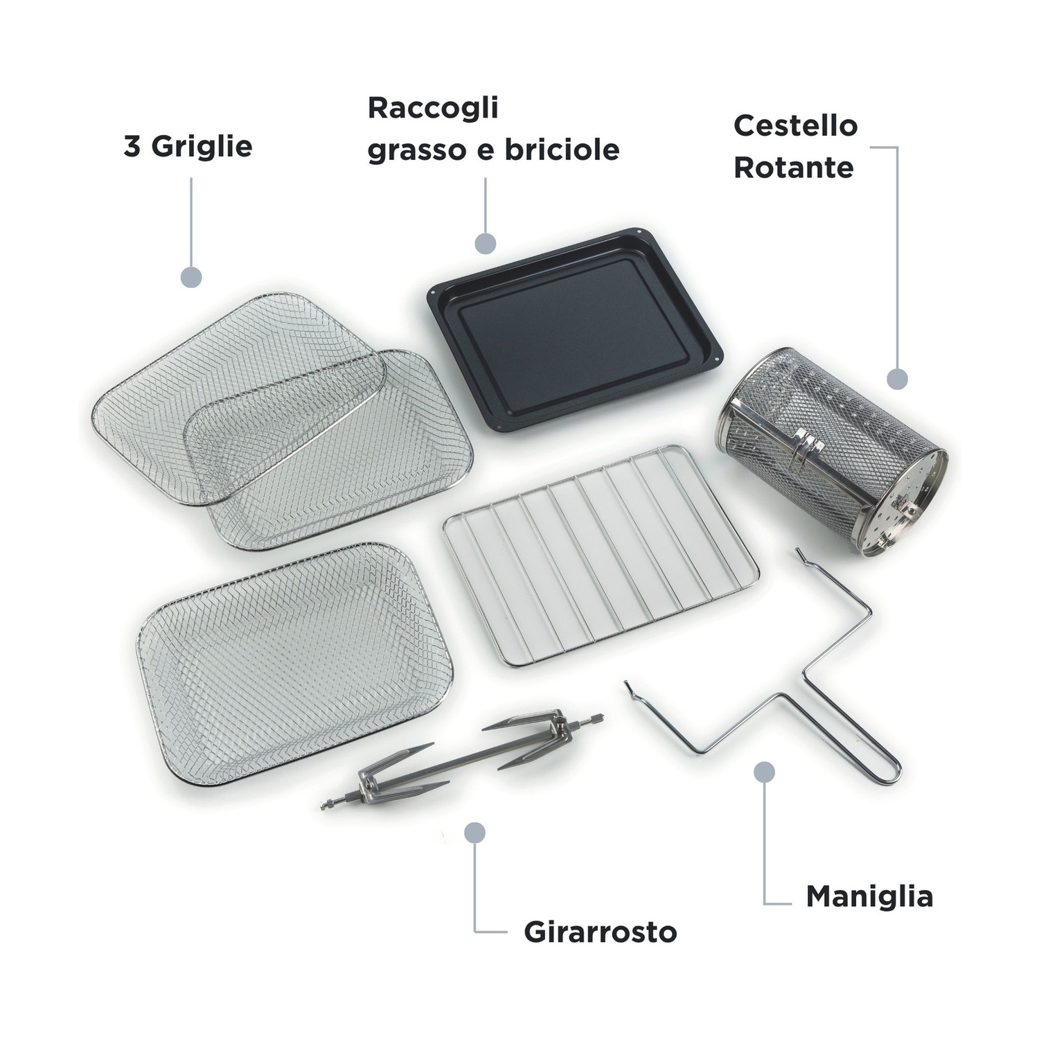 Accessori per friggitrice ad aria tra cui griglie, vassoio raccogligrasso e cestello rotante.