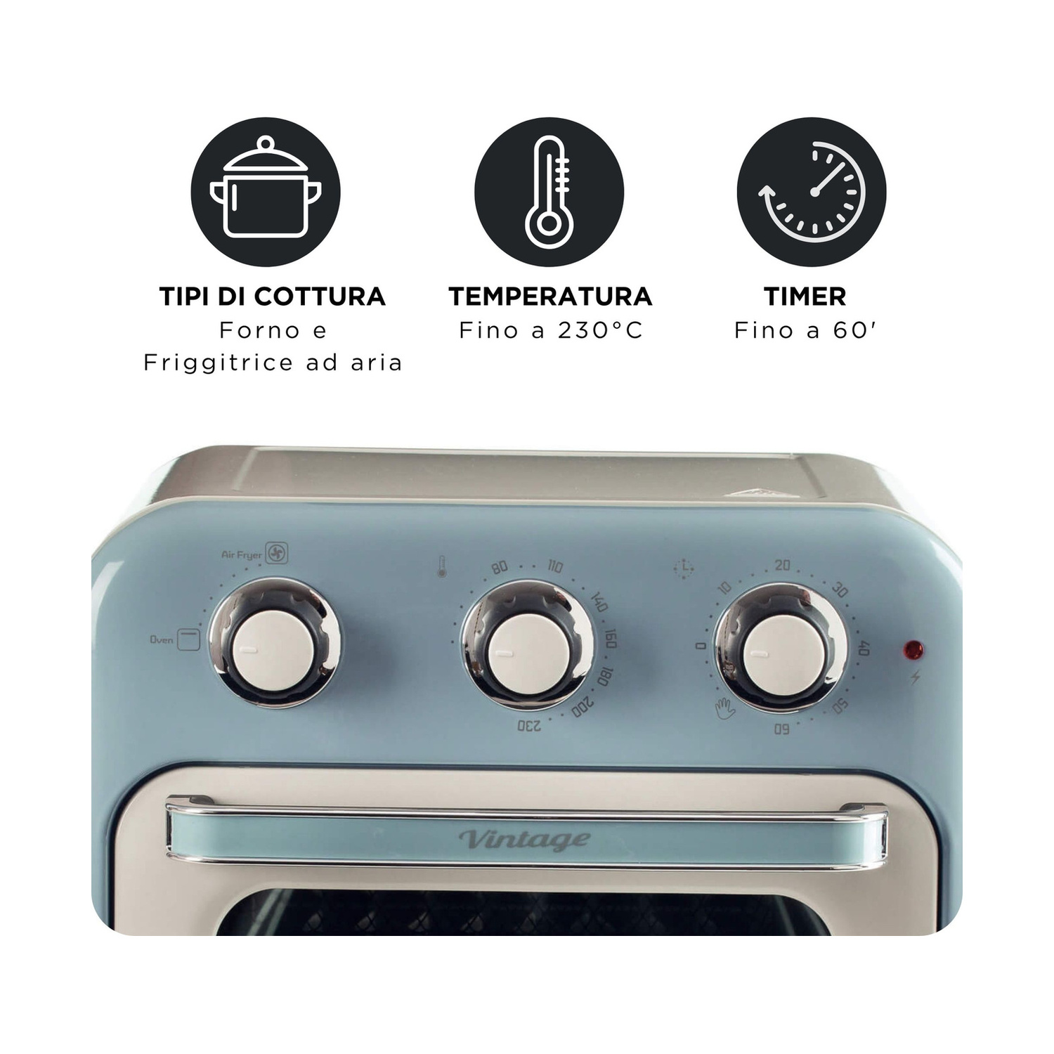 Pannello di controllo di un forno vintage azzurro con tre manopole, impostazioni di temperatura e icone.