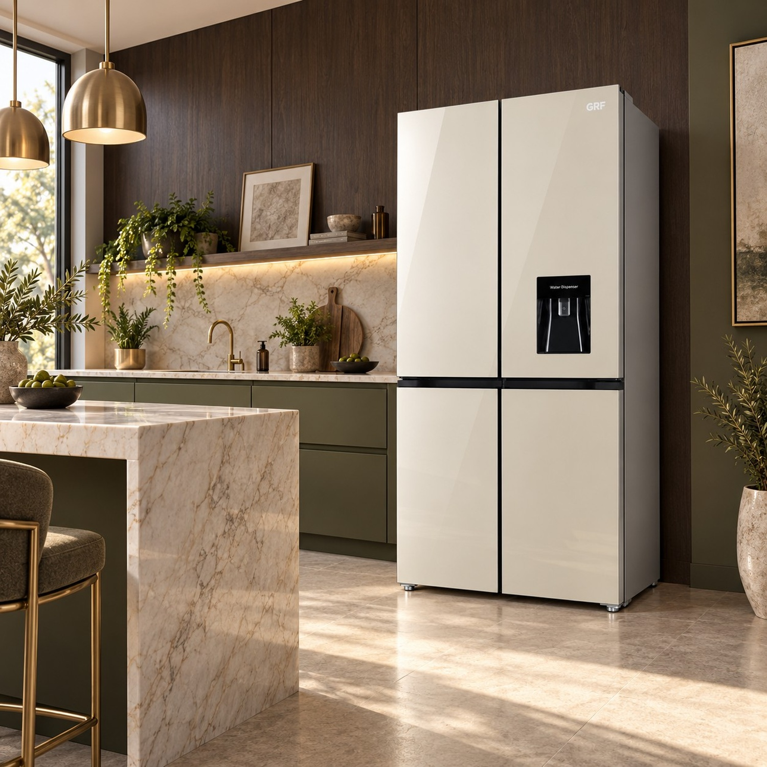 Moderna cucina con frigorifero beige a quattro ante, bancone in marmo e dettagli in legno.