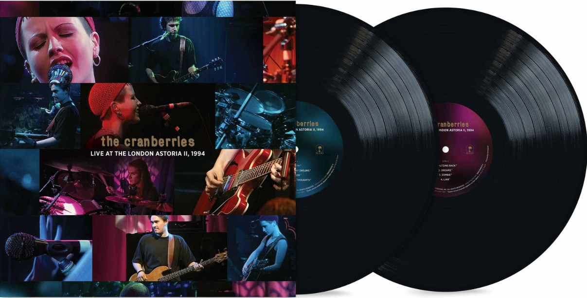 Live-Konzertbilder der Cranberries und zwei Vinyl-Schallplatten.