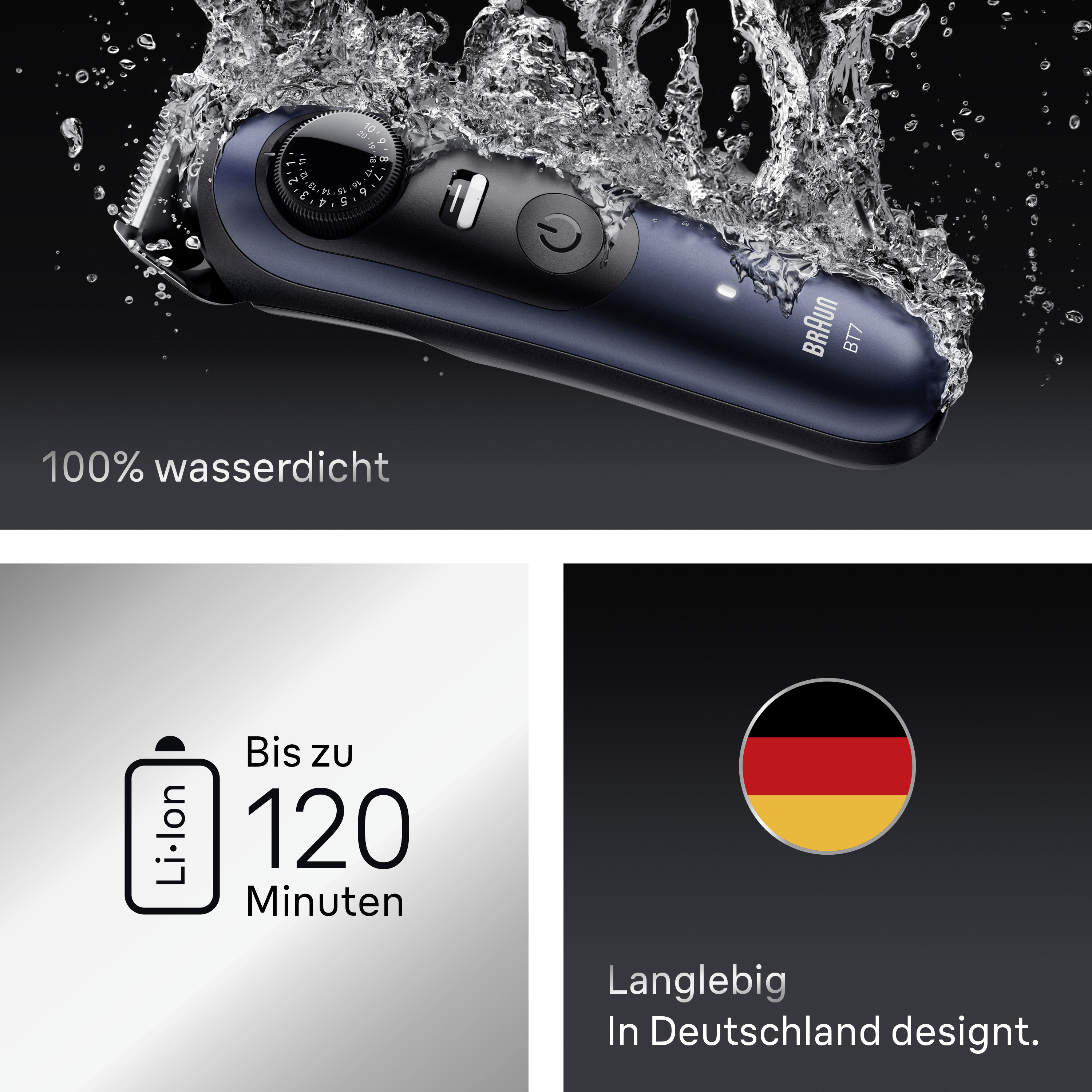 Wasserdichter Braun Bartschneider mit Wasser-Spritzer, Li-Ion Akku für 120 Minuten und deutschem Design.