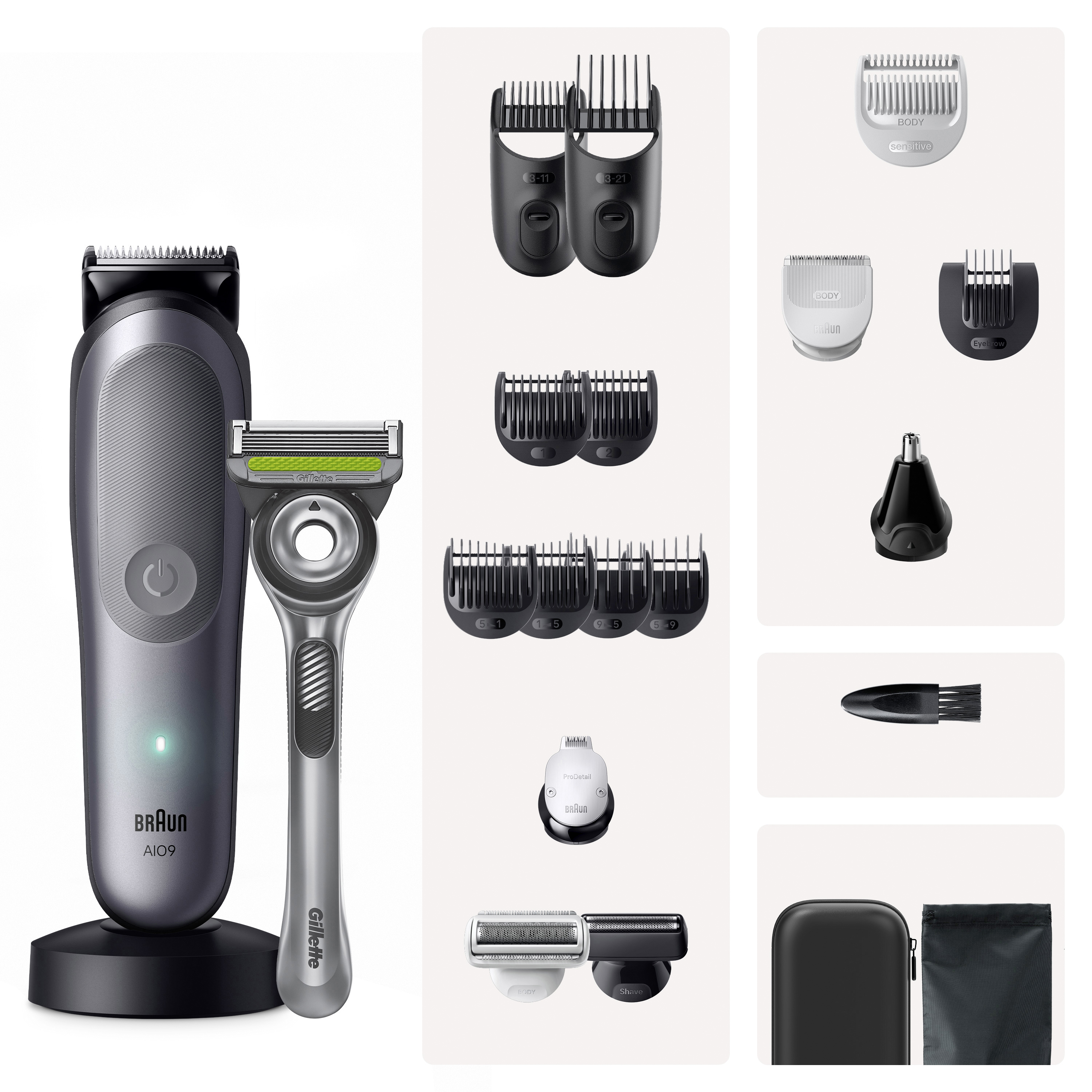 Braun-Haarschneider mit Gillette-Rasierer und zahlreichen Aufsätzen auf weißem Hintergrund.