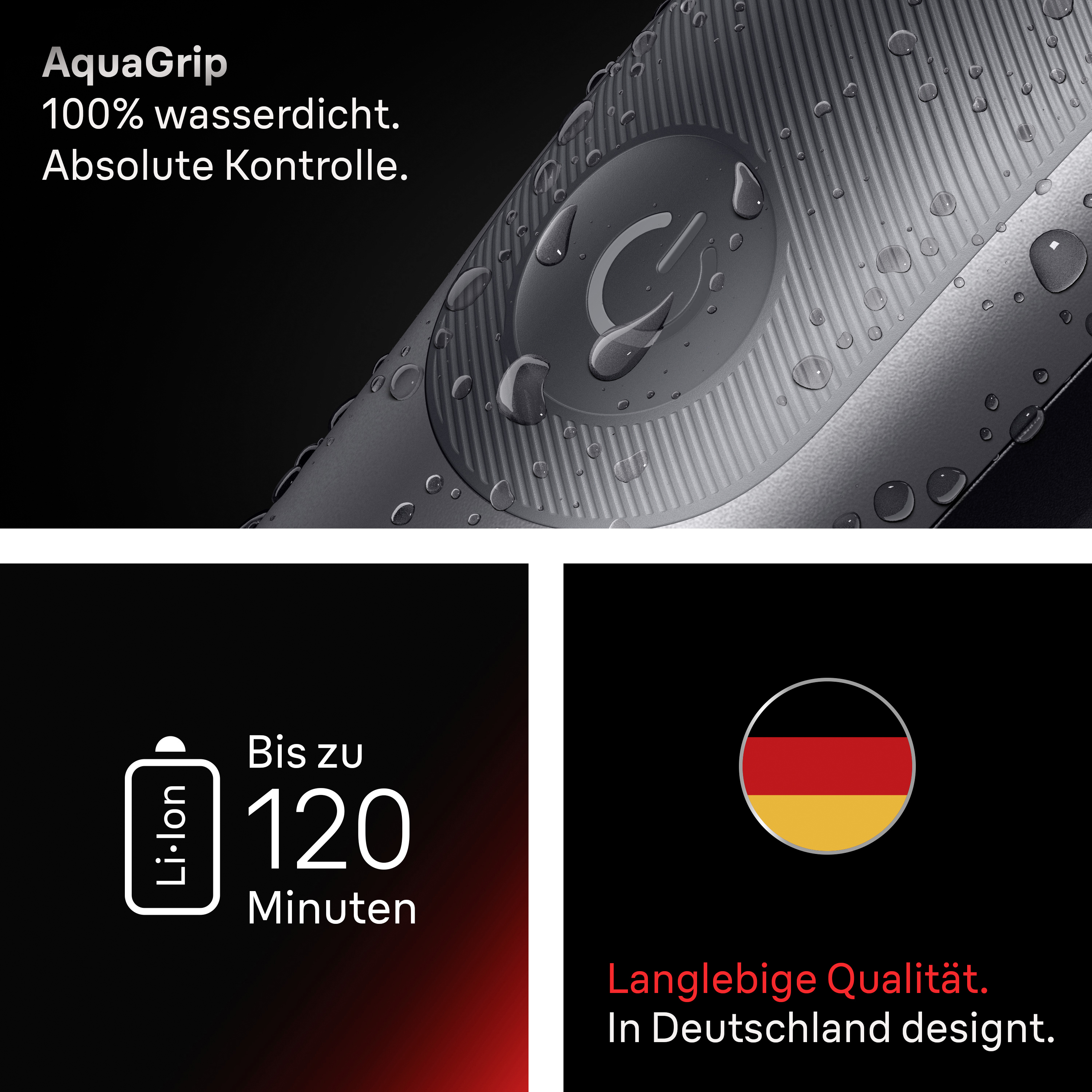 Wassertropfen auf grauem strukturierten Gerät mit Power-Knopf, 120-Minuten-Akku-Symbol und deutscher Flagge.