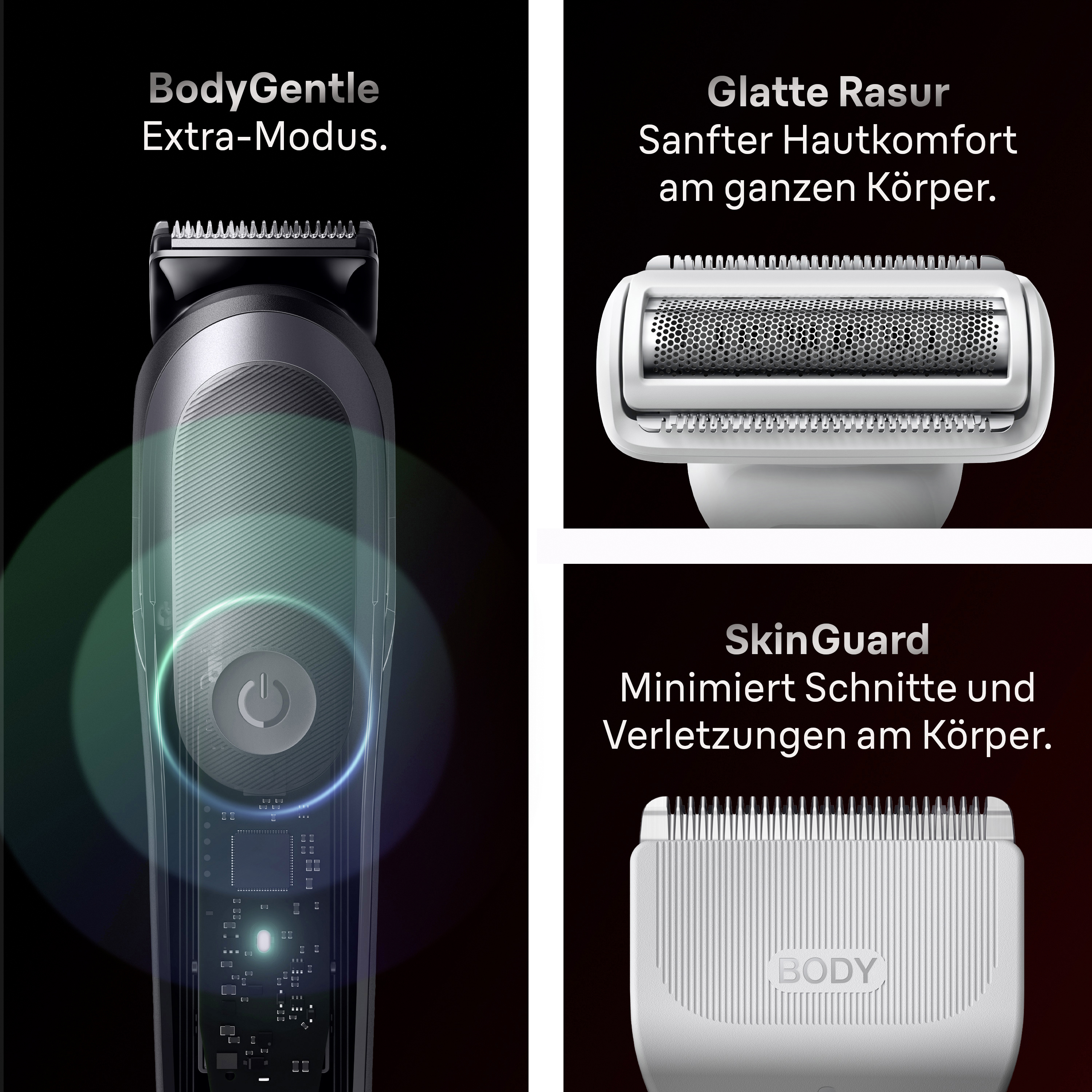 Trimmer mit BodyGentle, Scherkopf und SkinGuard für sanfte Körperrasur.