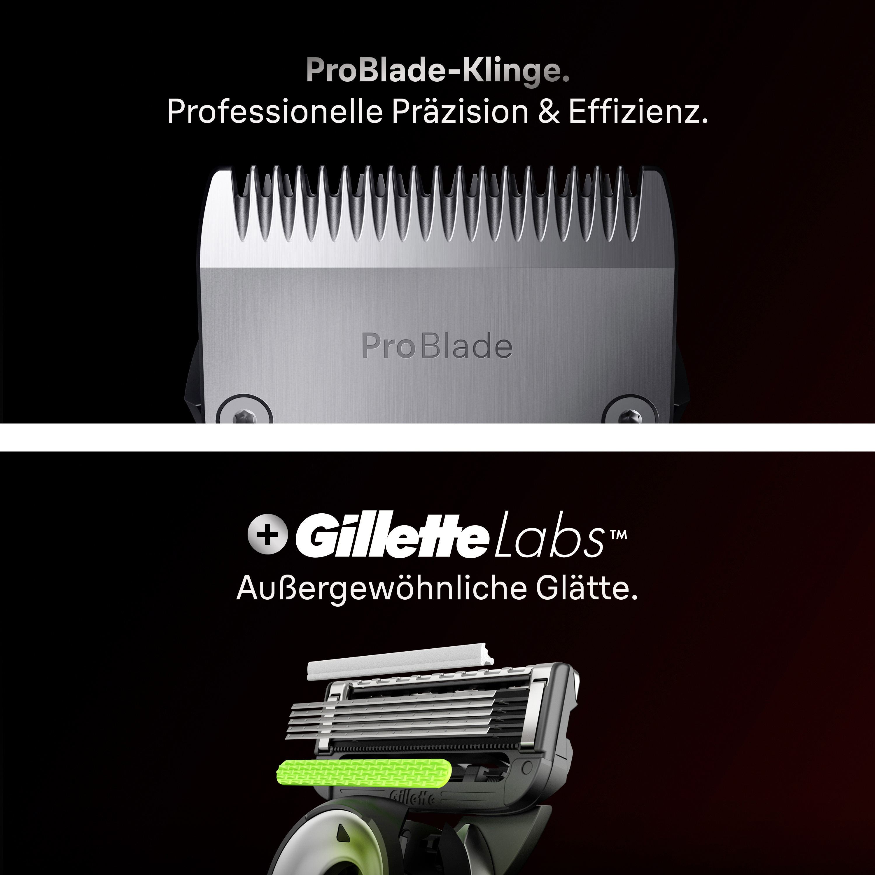 Nahaufnahme einer GilletteLabs Rasierklinge mit dem Text ProBlade-Klinge auf schwarzem Hintergrund.