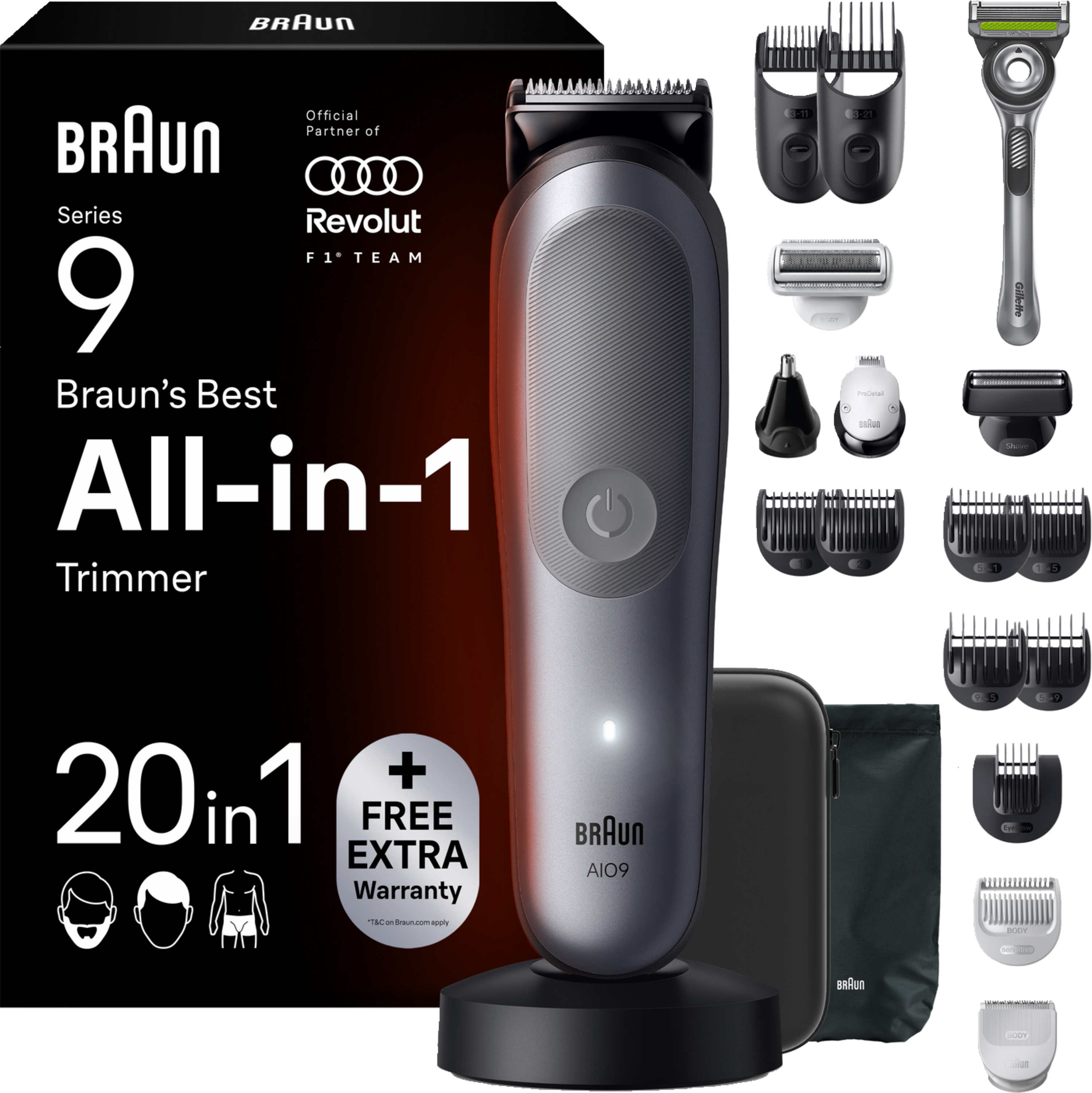 Ein Braun Series 9 All-in-1 Trimmer mit Verpackung und Zubehör auf schwarzem Hintergrund.