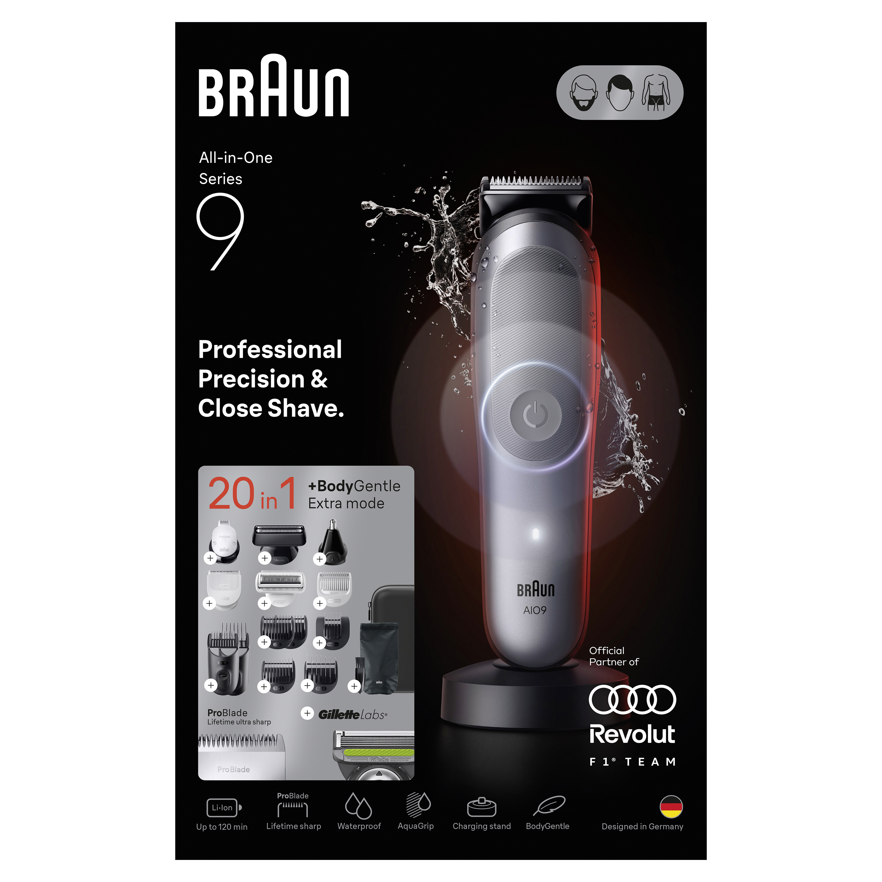Braun All-in-One Series 9 Trimmgerät auf Ladestation mit Zubehör und Text auf schwarzem Hintergrund.