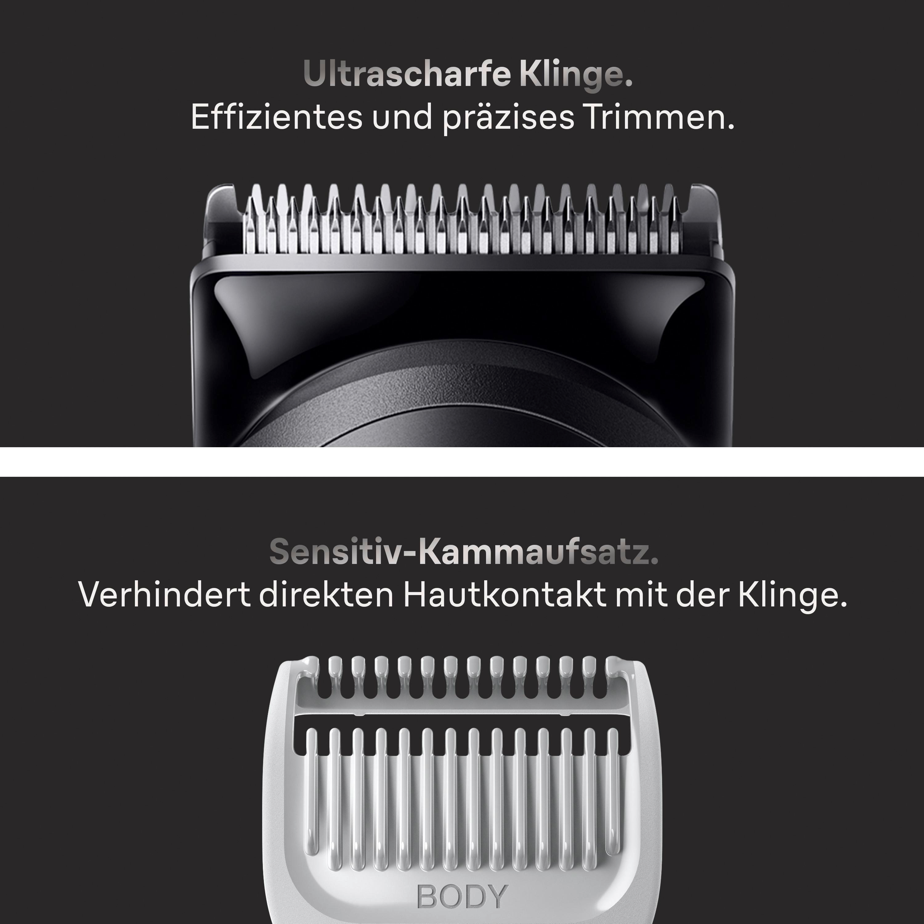 Trimmerklinge und heller Sensitiv-Kammaufsatz mit Text auf schwarzem Hintergrund.