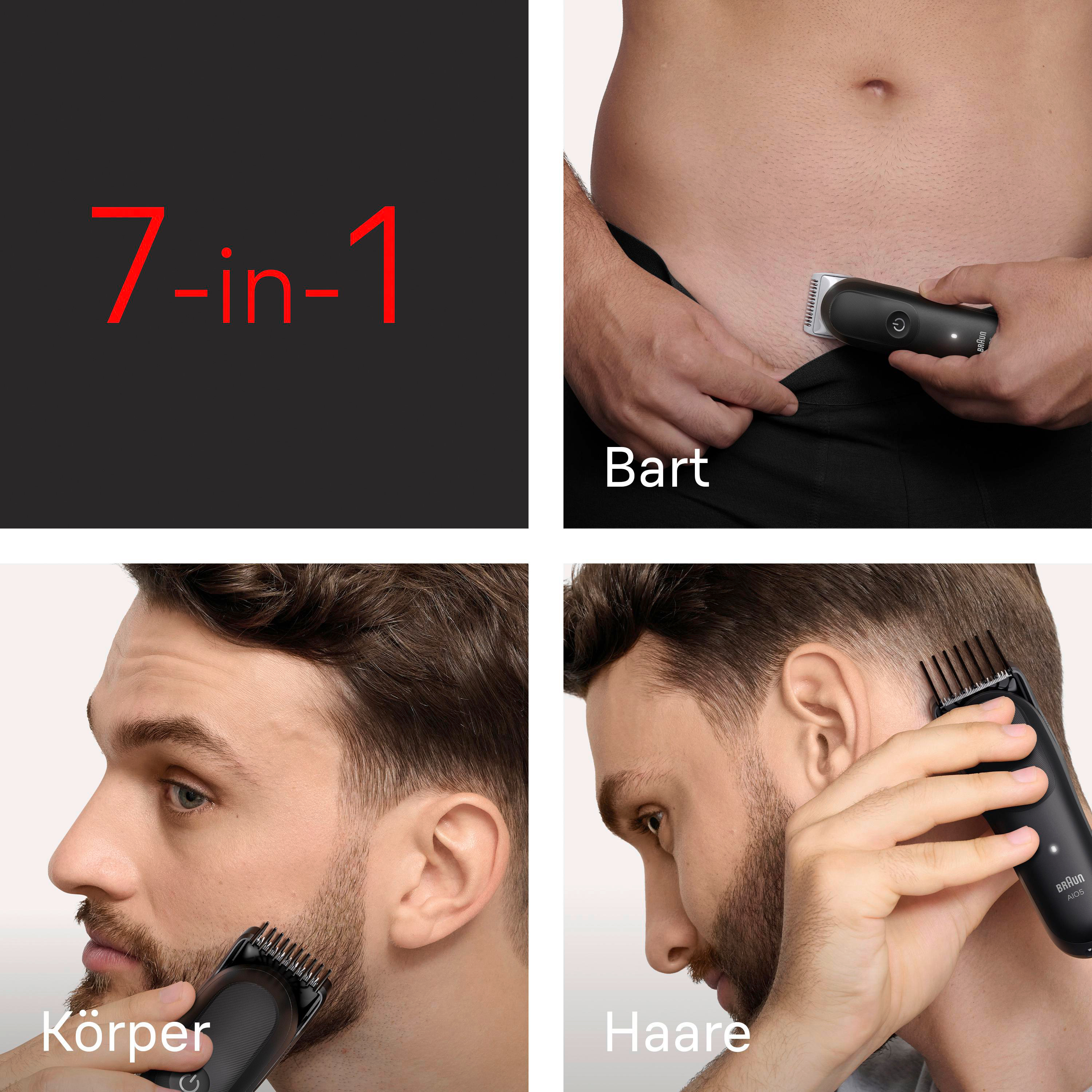 Ein 7-in-1 Rasierer für Bart, Körper und Haare, gezeigt bei der Anwendung an verschiedenen Körperstellen.