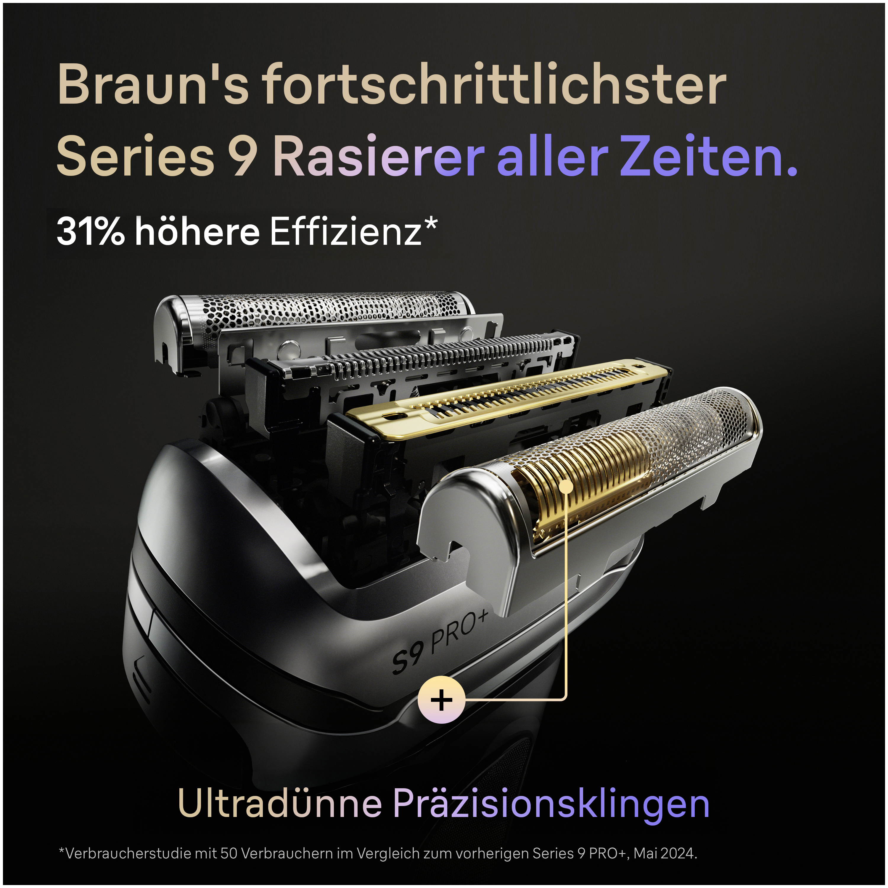 Nahaufnahme des Braun Series 9 Rasierers mit geöffnetem Scherkopf, der die ultradünnen Präzisionsklingen zeigt.