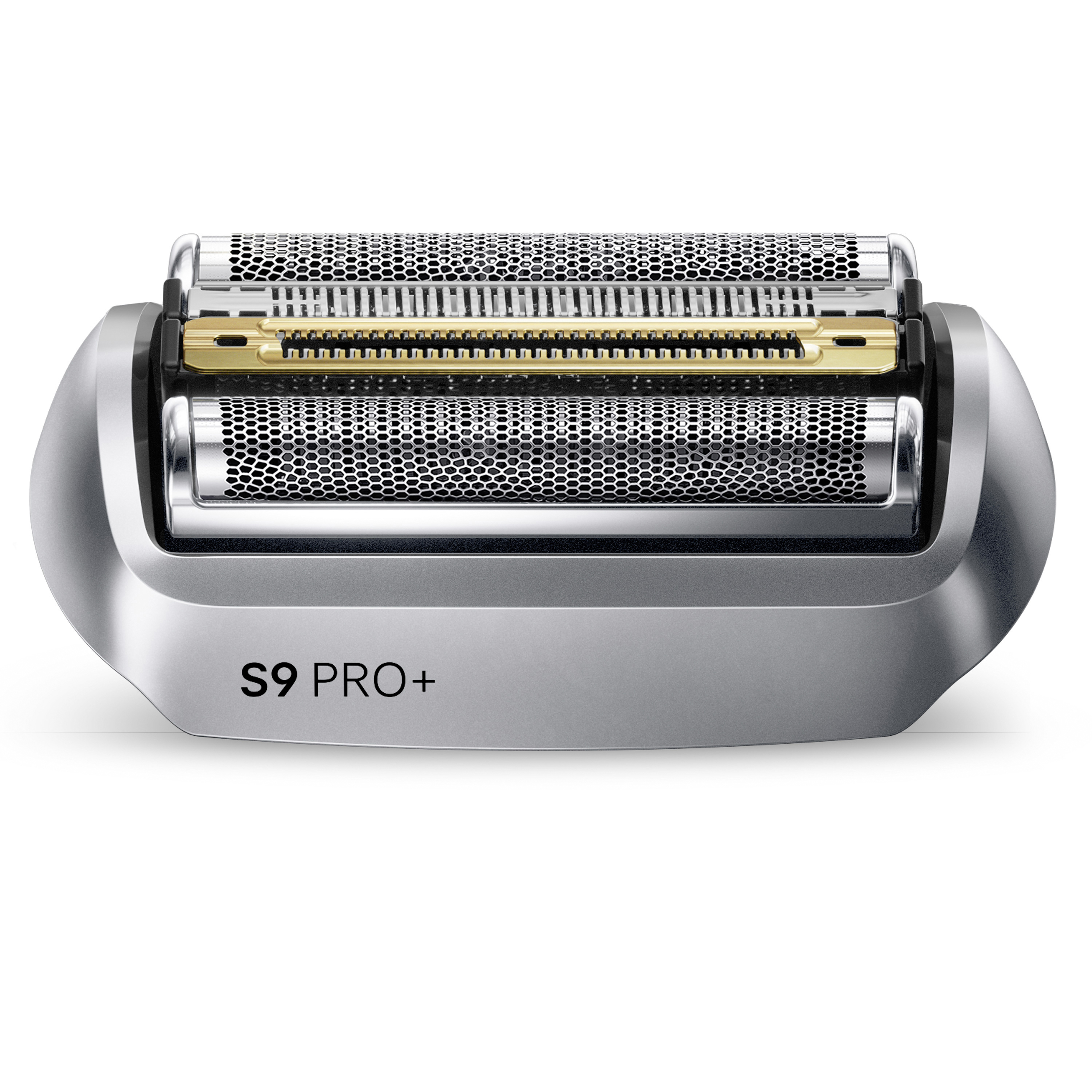 Nahaufnahme eines silbernen S9 Pro+ Rasierkopfes mit feinem Metallnetz und goldfarbenem Trimmer.