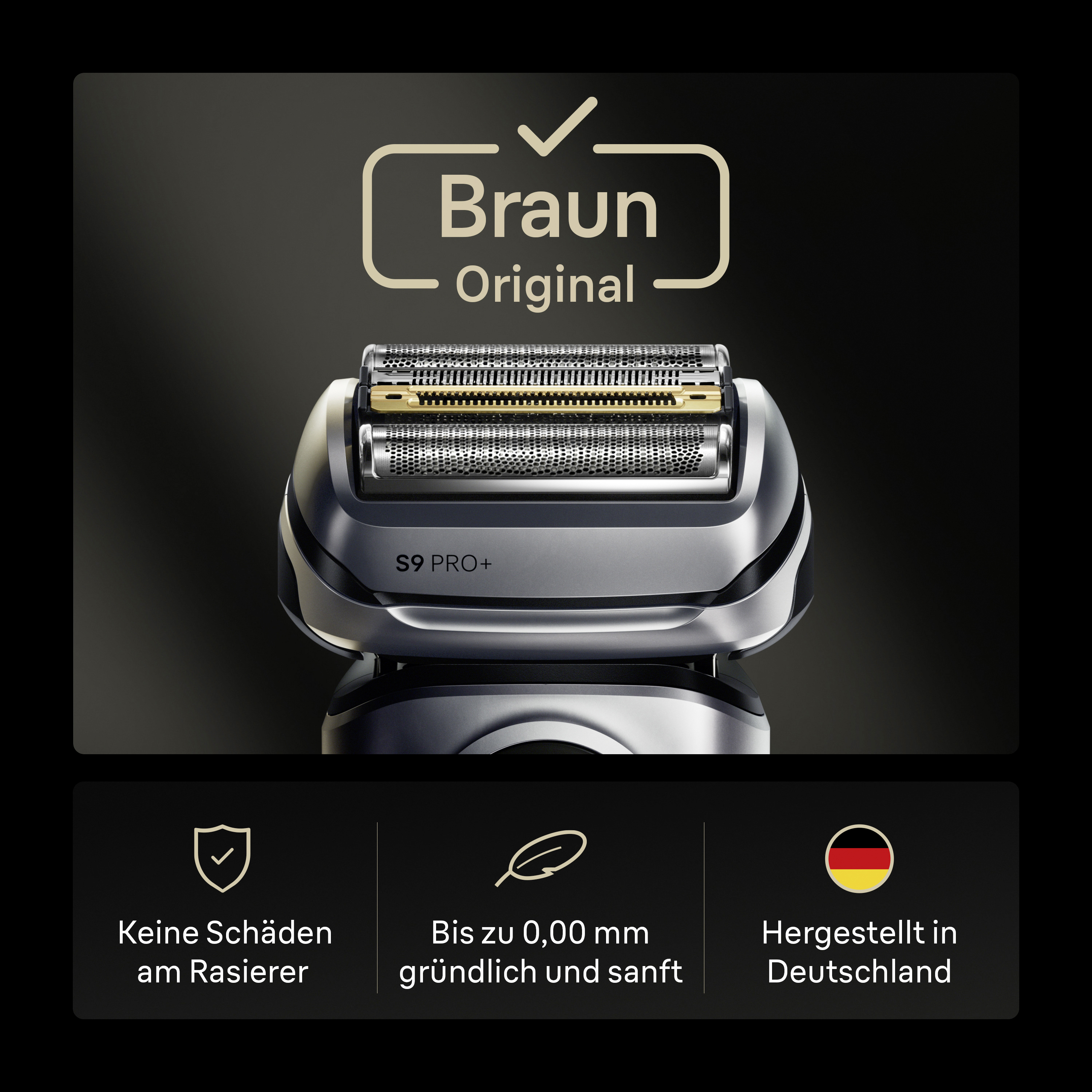 Braun S9 Pro+ Scherkopf mit Braun Original Branding und drei Funktionssymbolen unten.