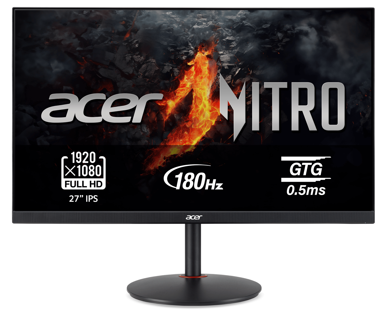 Monitor gaming Acer Nitro de 27 pulgadas con 1920x1080 Full HD, 180Hz y 0.5ms de tiempo de respuesta.