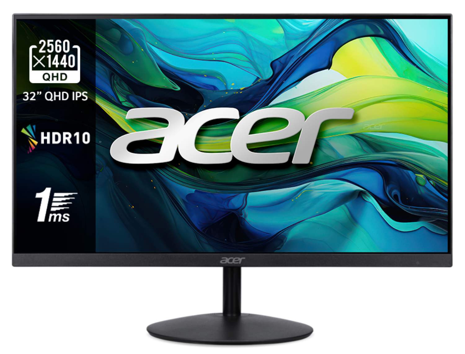 Monitor Acer con soporte negro que muestra un fondo colorido y logotipos de características técnicas a la izquierda.