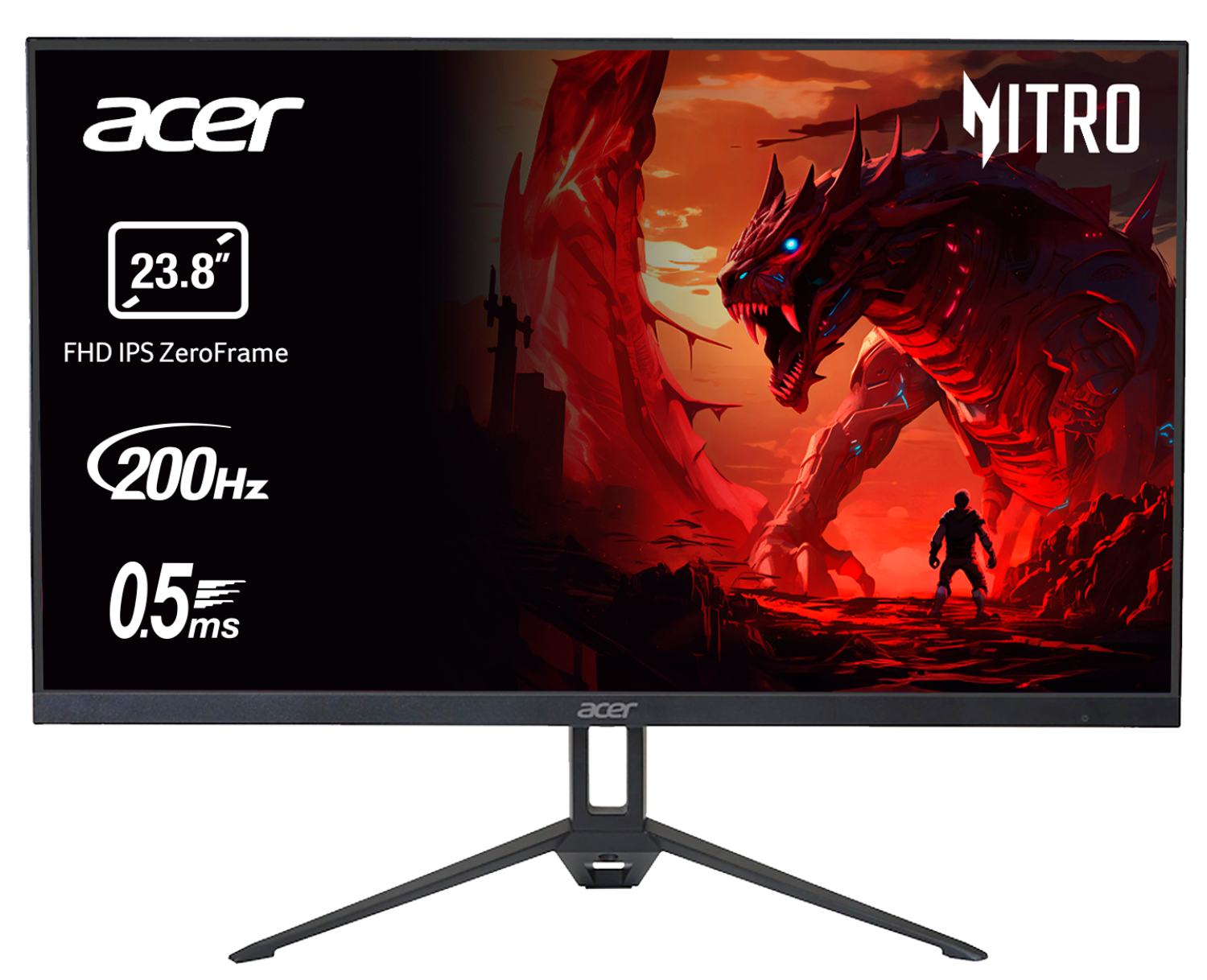 Un monitor Acer Nitro muestra una escena de dragón rojo y especificaciones como 23.8 pulgadas, 200Hz y 0.5ms.
