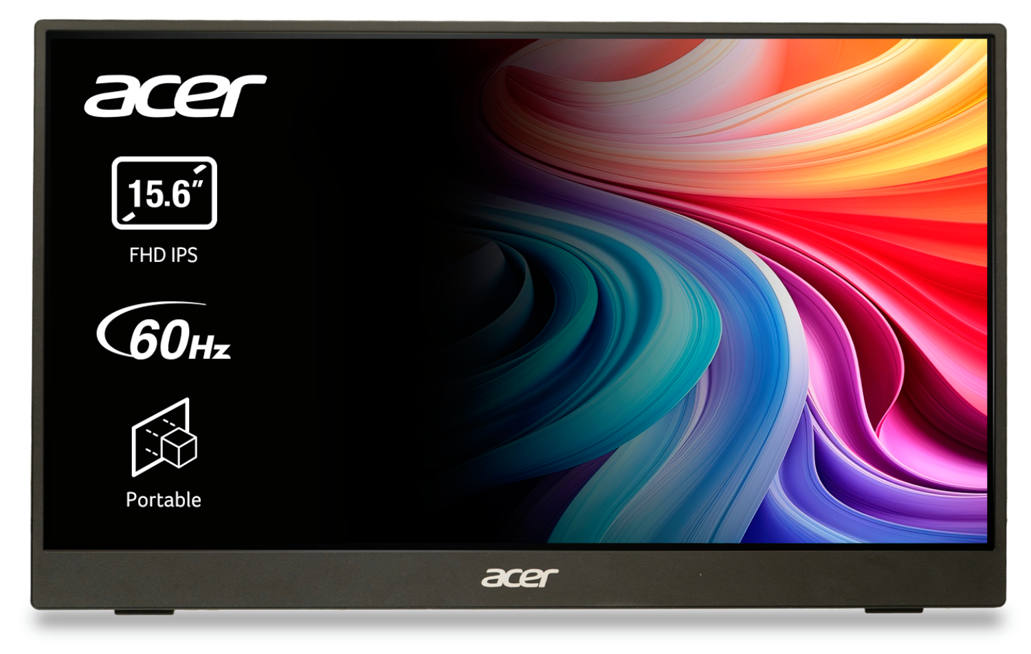 Monitor portátil FHD IPS de 15,6 pulgadas de Acer con 60Hz y fondo colorido.