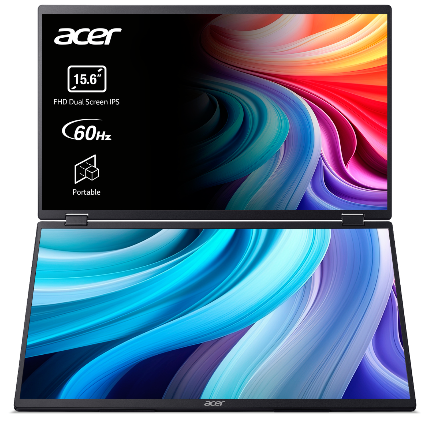 Monitor portátil de doble pantalla Acer con olas abstractas de colores.