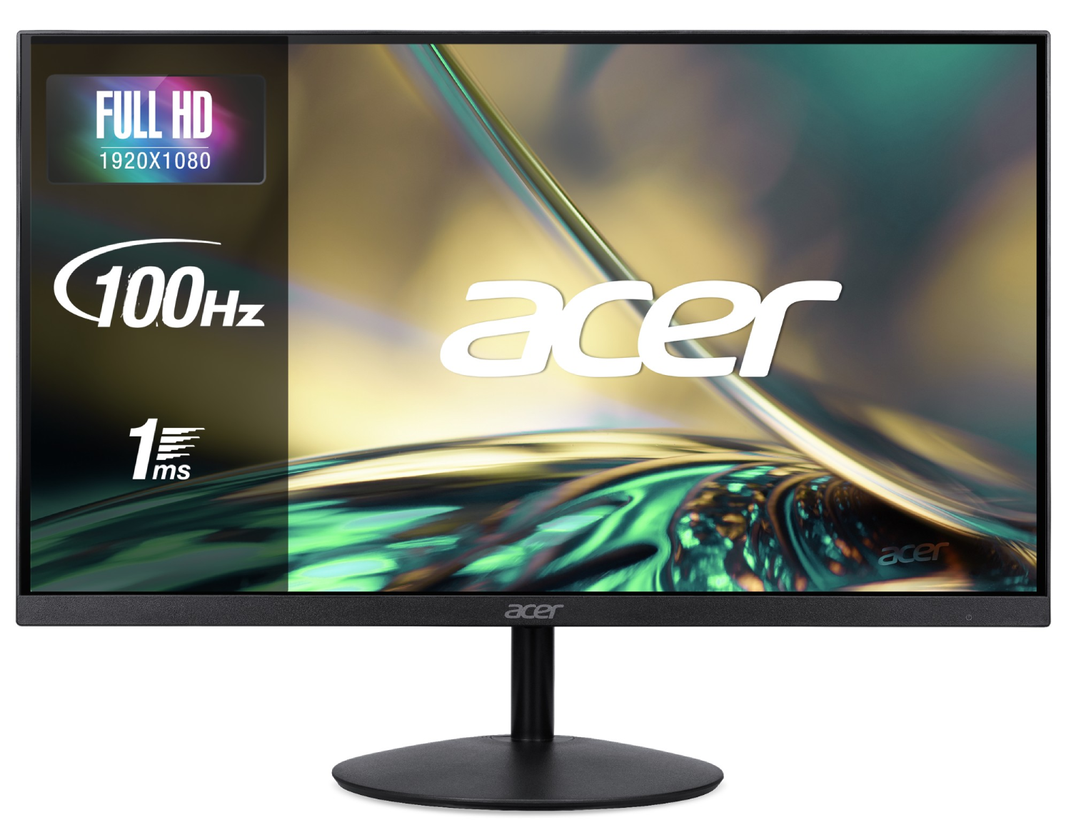 Monitor Acer negro con 100Hz y Full HD, sobre un soporte redondo con una imagen de fondo abstracta y colorida.