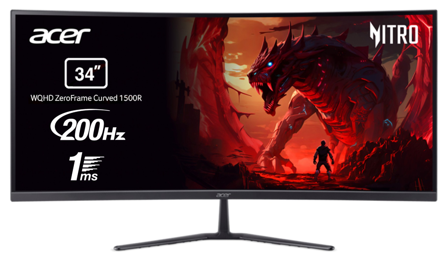 Monitor gaming curvo Acer Nitro de 34 pulgadas con fondo de dragón rojo.