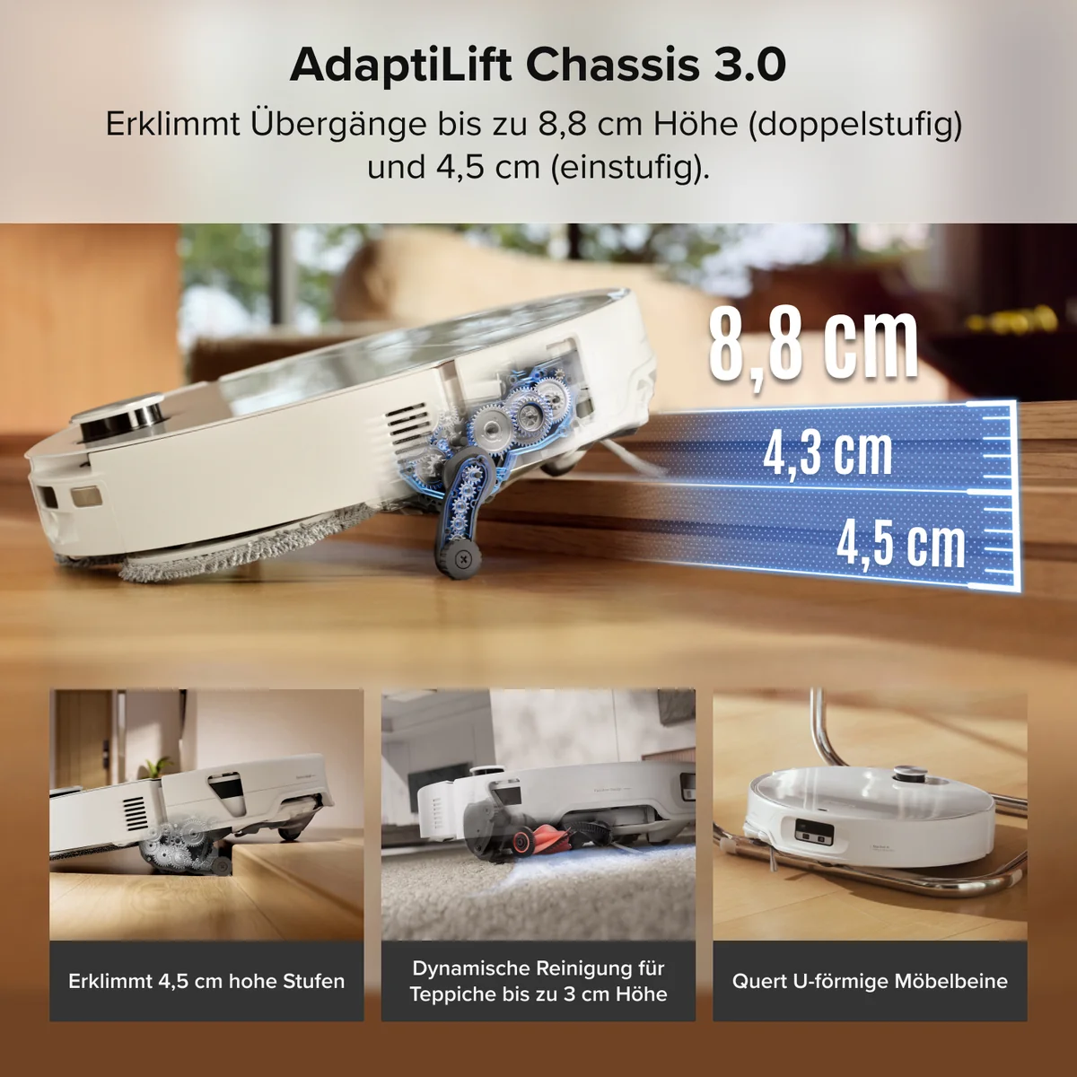 Schéma montrant le châssis AdaptiLift 3.0 d'un robot aspirateur franchissant des marches jusqu'à 8,8 cm.