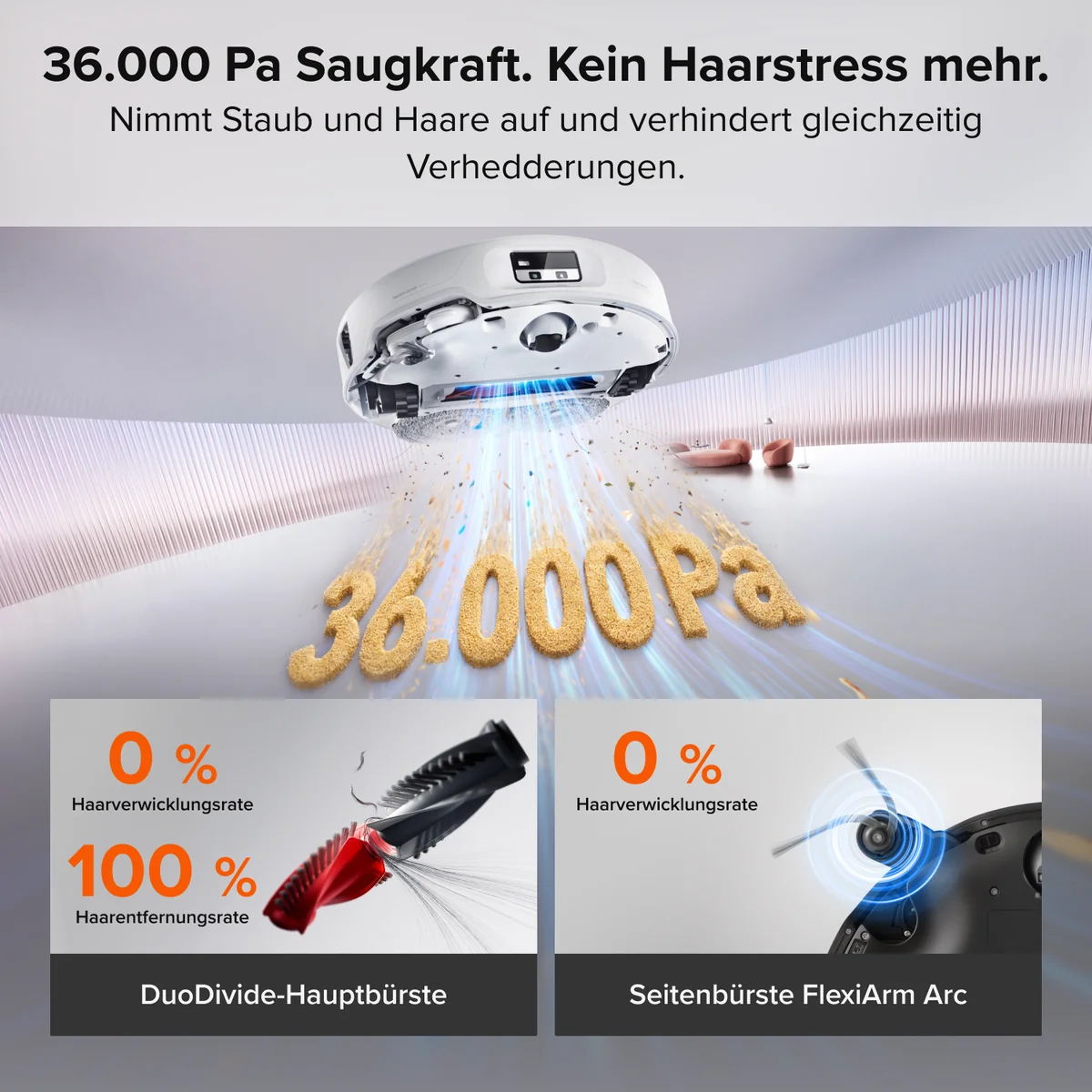 Un aspirateur robot avec 36000 Pa de puissance, montrant les brosses et un taux d'emmêlement nul.