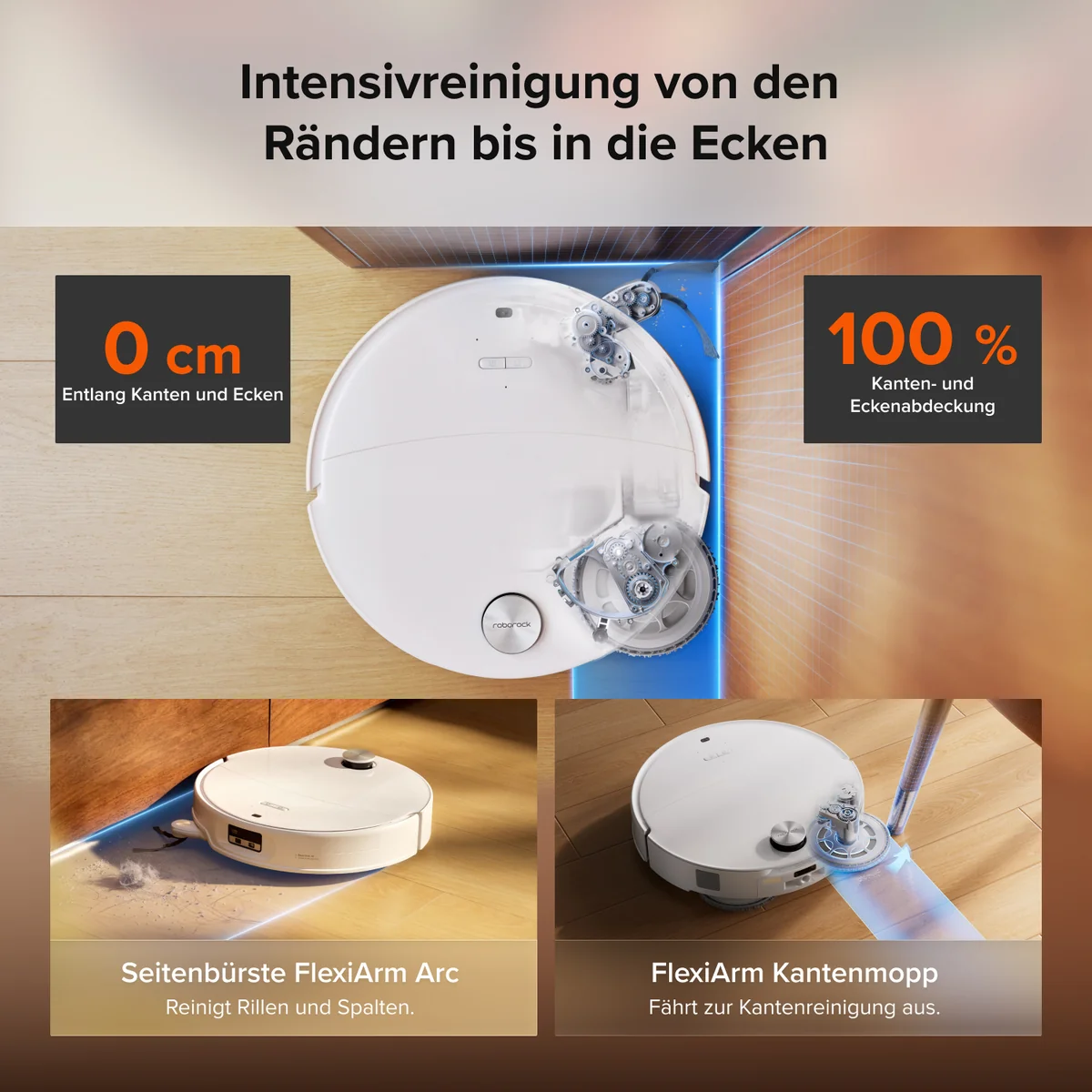 Un robot aspirateur blanc nettoie précisément les coins et les bords grâce à des brosses et serpillères extensibles.