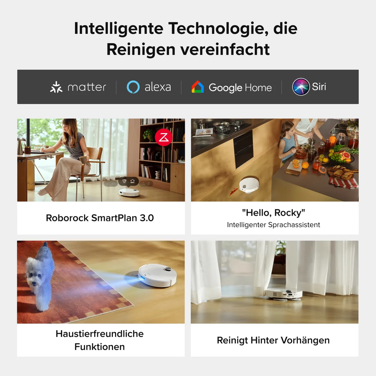 Technologie de maison intelligente compatible avec Matter, Alexa, Google Home et Siri.