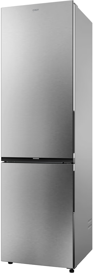 Moderno frigorifero Candy argento effetto acciaio inox con due ante.