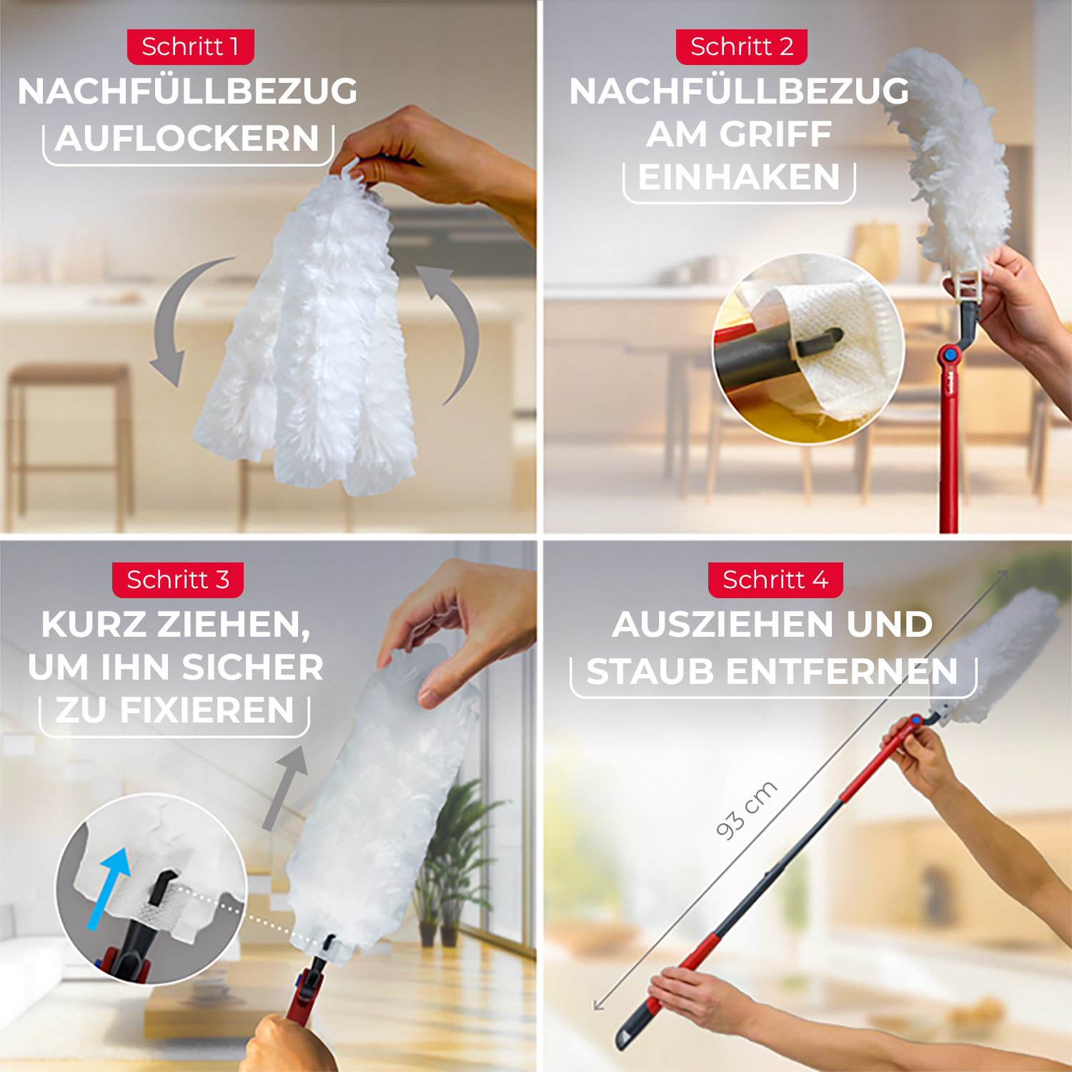 Vier Schritte zeigen, wie man einen flauschigen Staubwedel aufschüttelt, anbringt, fixiert und auszieht.