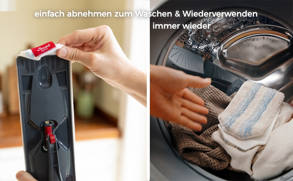 Hand nimmt einen grauen Wischmoppkopf ab und legt ihn in eine Waschmaschine.