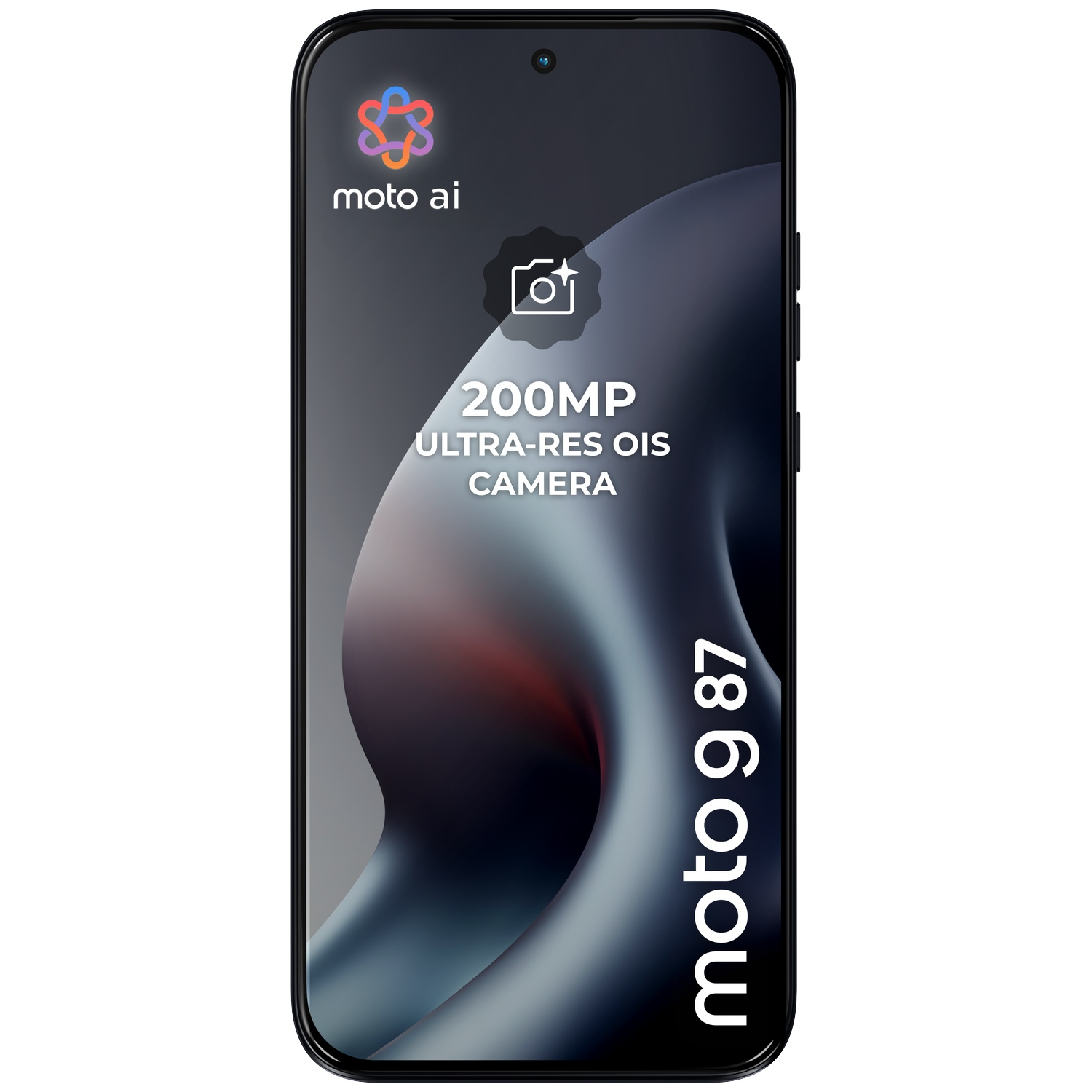 Smartphone displaying 200MP camera feature, moto ai logo, and moto g 87 text on a dark abstract background.